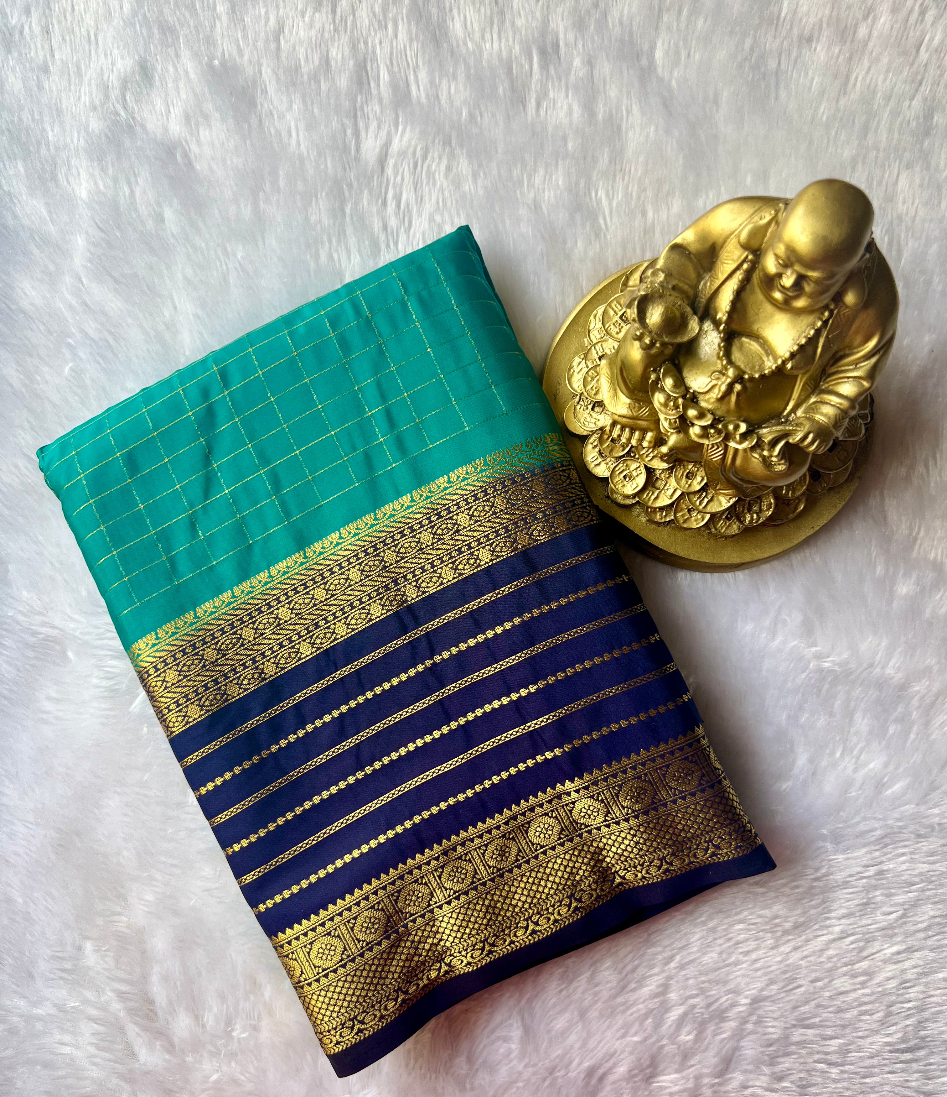 Semi Mysore Silk Small Checks body Stripes Border
