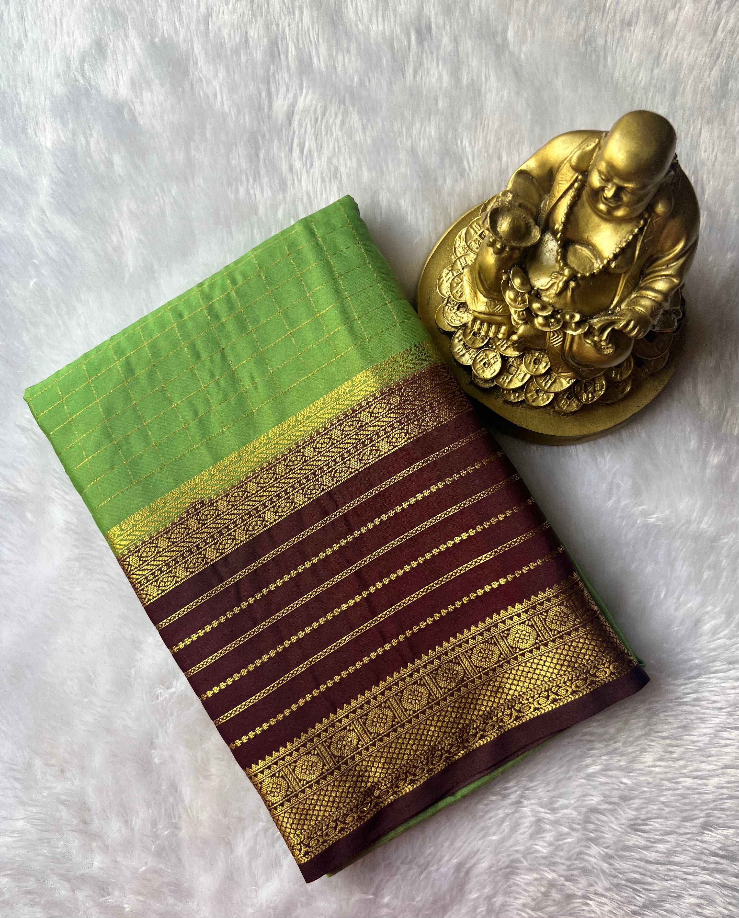 Semi Mysore Silk Small Checks body Stripes Border