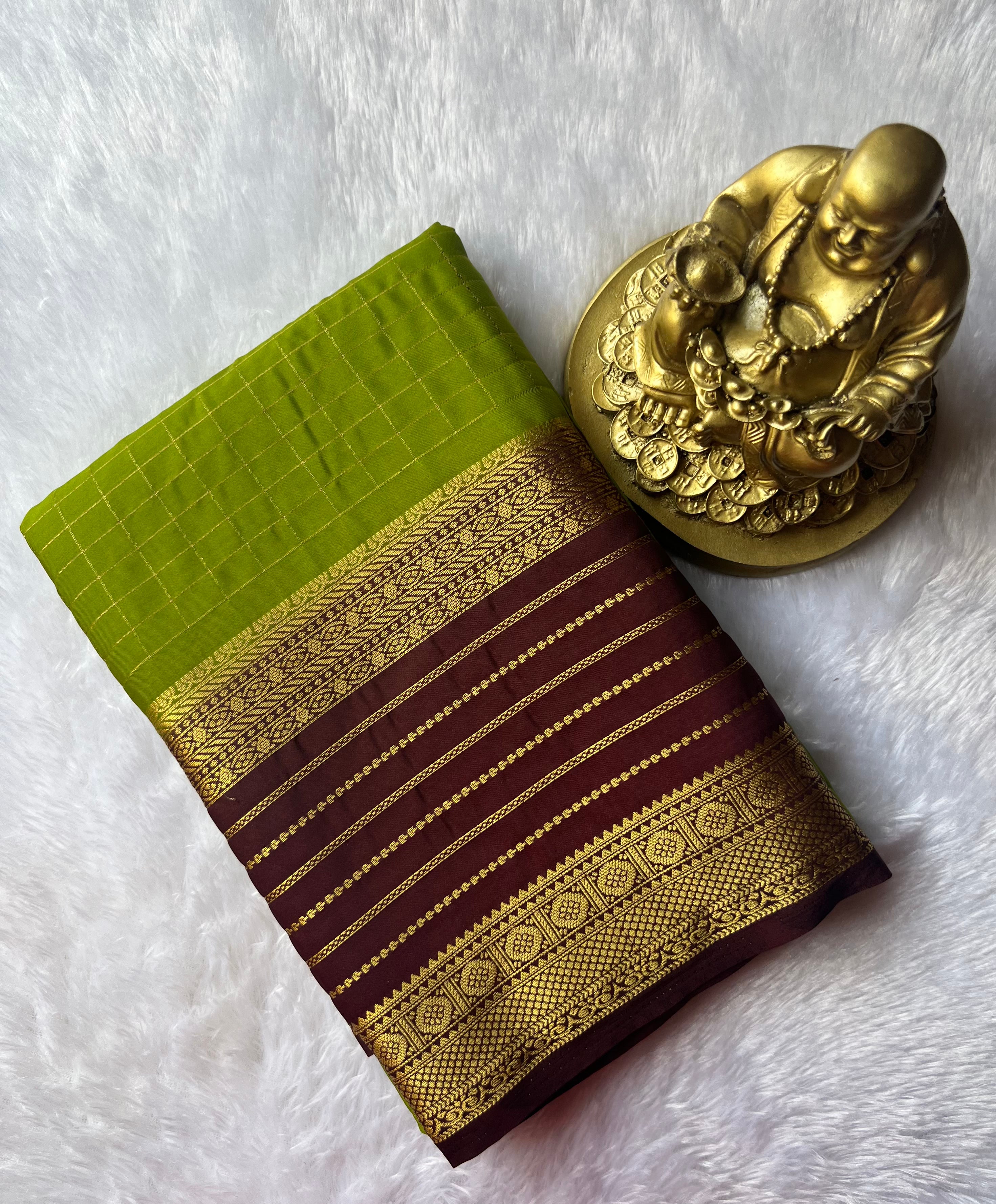 Semi Mysore Silk Small Checks body Stripes Border