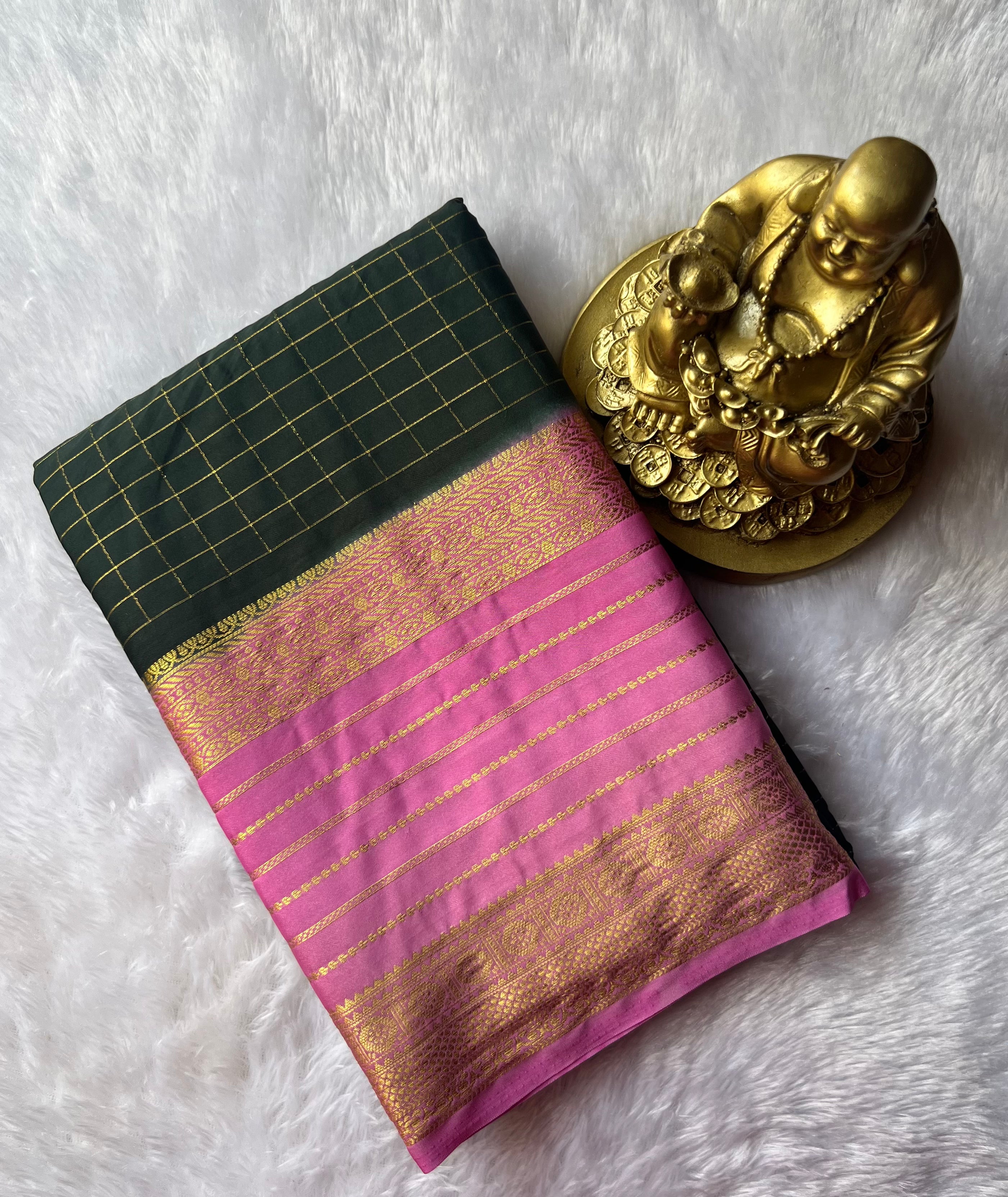 Semi Mysore Silk Small Checks body Stripes Border