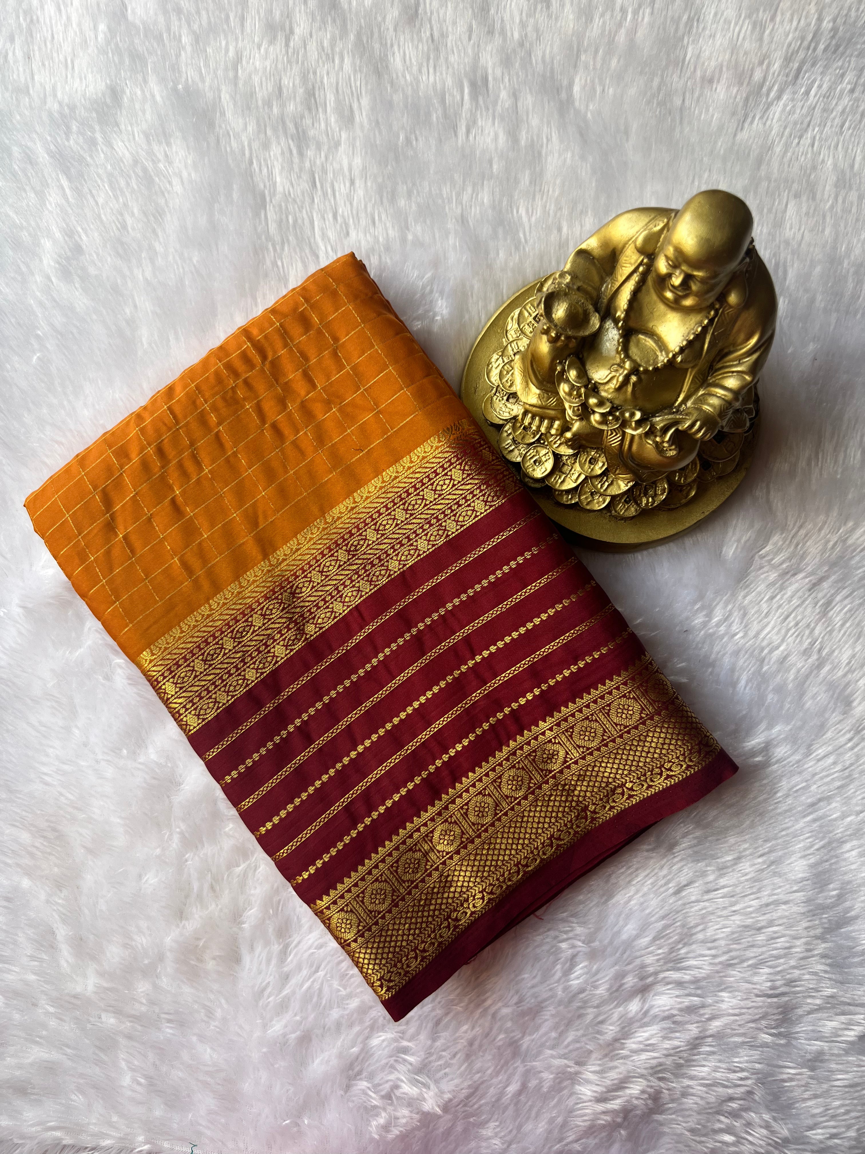 Semi Mysore Silk Small Checks body Stripes Border