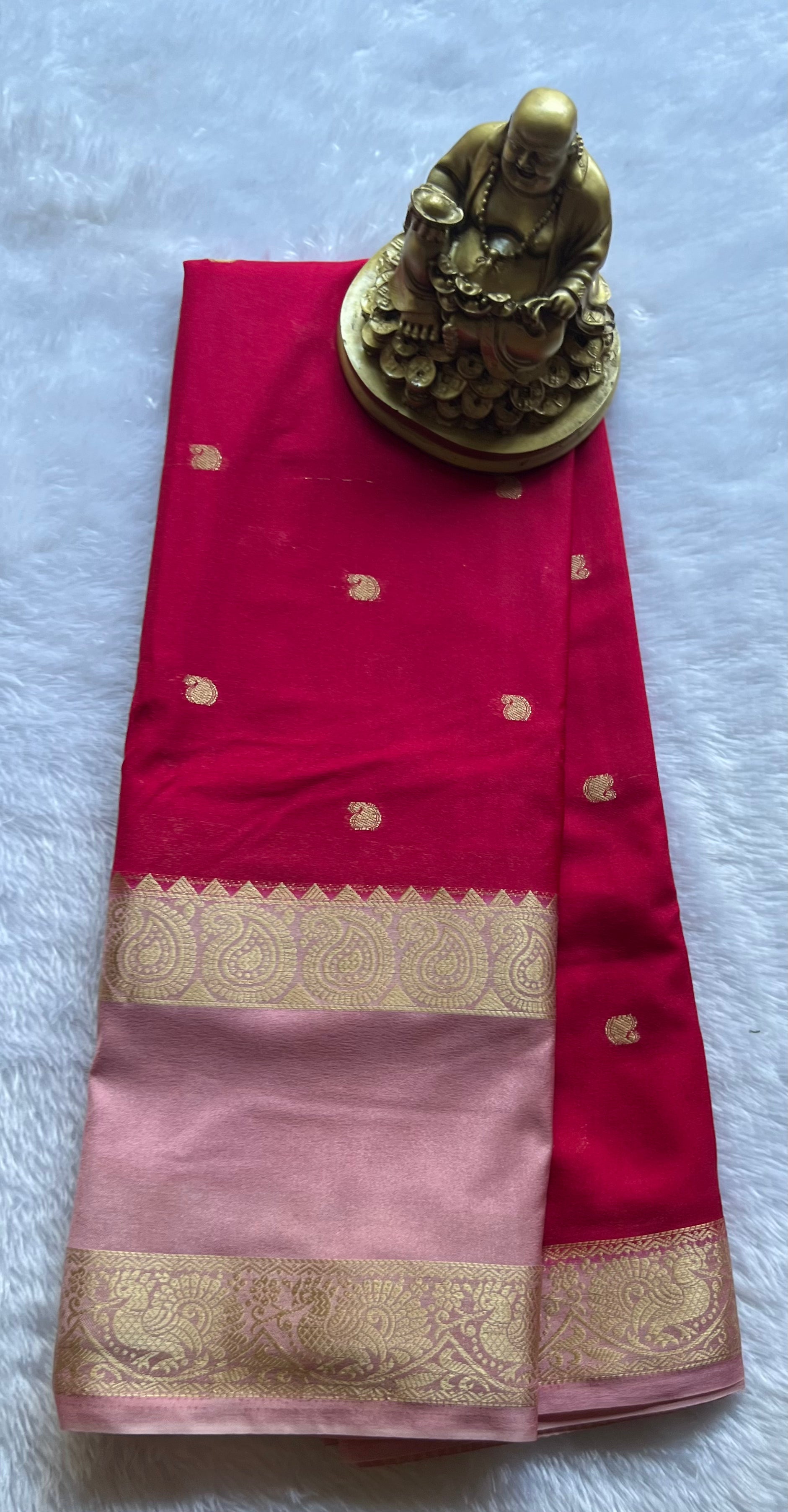 Semi Mysore Silk Mango Butta with Mango Peacock Bentex Border