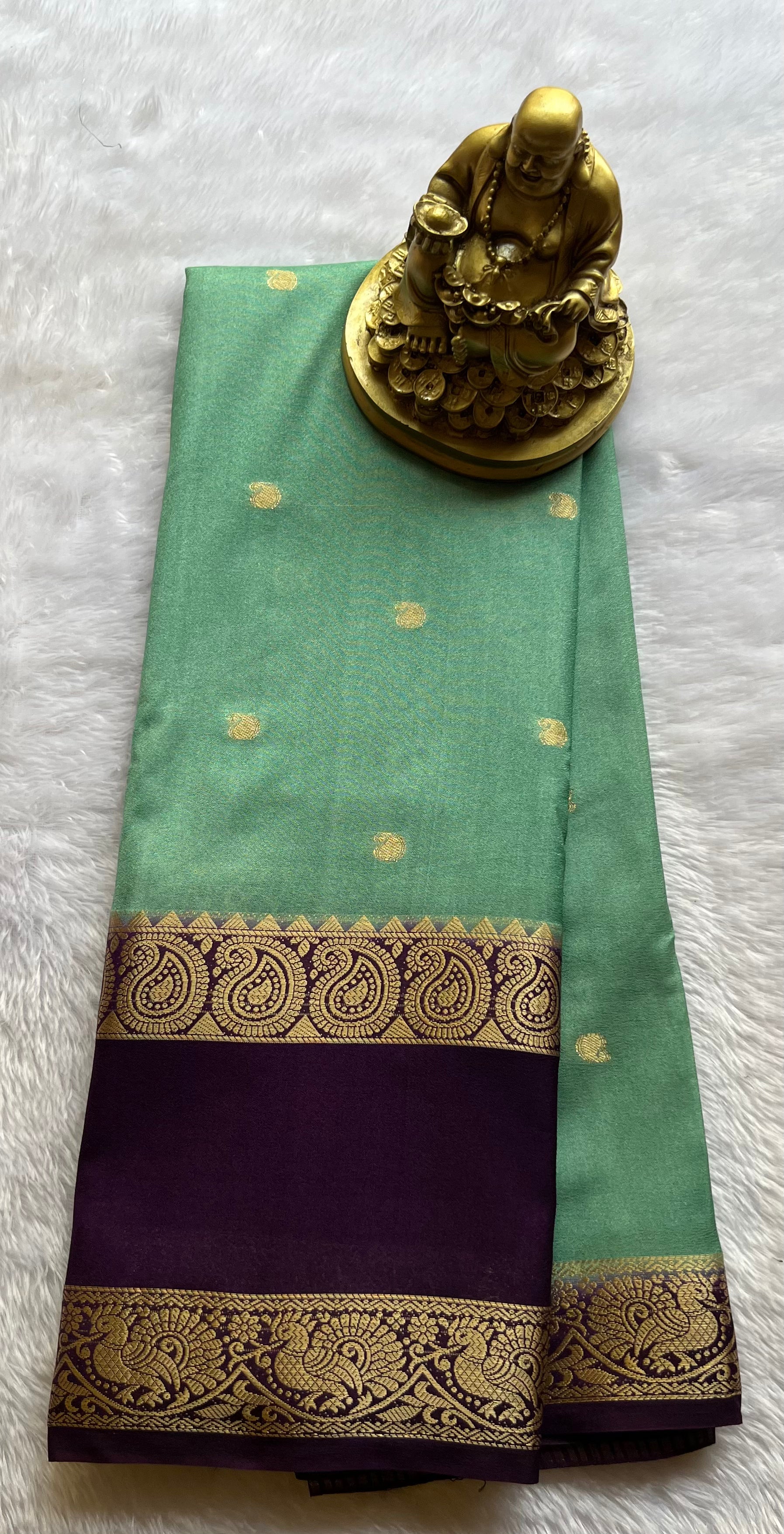 Semi Mysore Silk Mango Butta with Mango Peacock Bentex Border