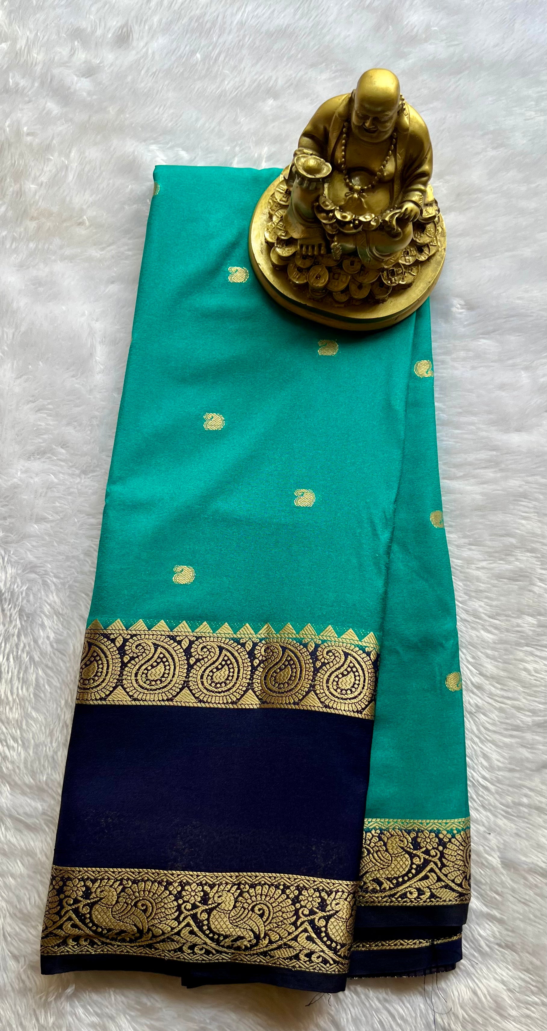 Semi Mysore Silk Mango Butta with Mango Peacock Bentex Border