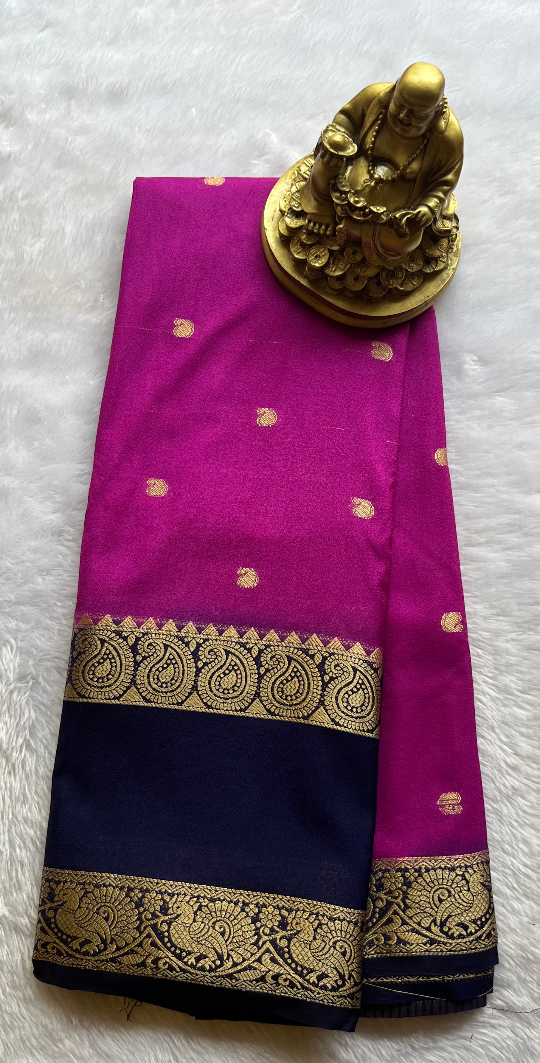 Semi Mysore Silk Mango Butta with Mango Peacock Bentex Border
