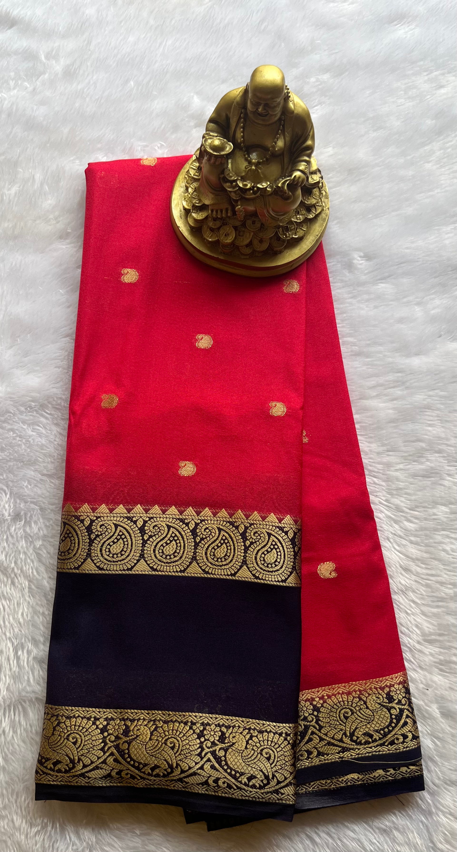 Semi Mysore Silk Mango Butta with Mango Peacock Bentex Border