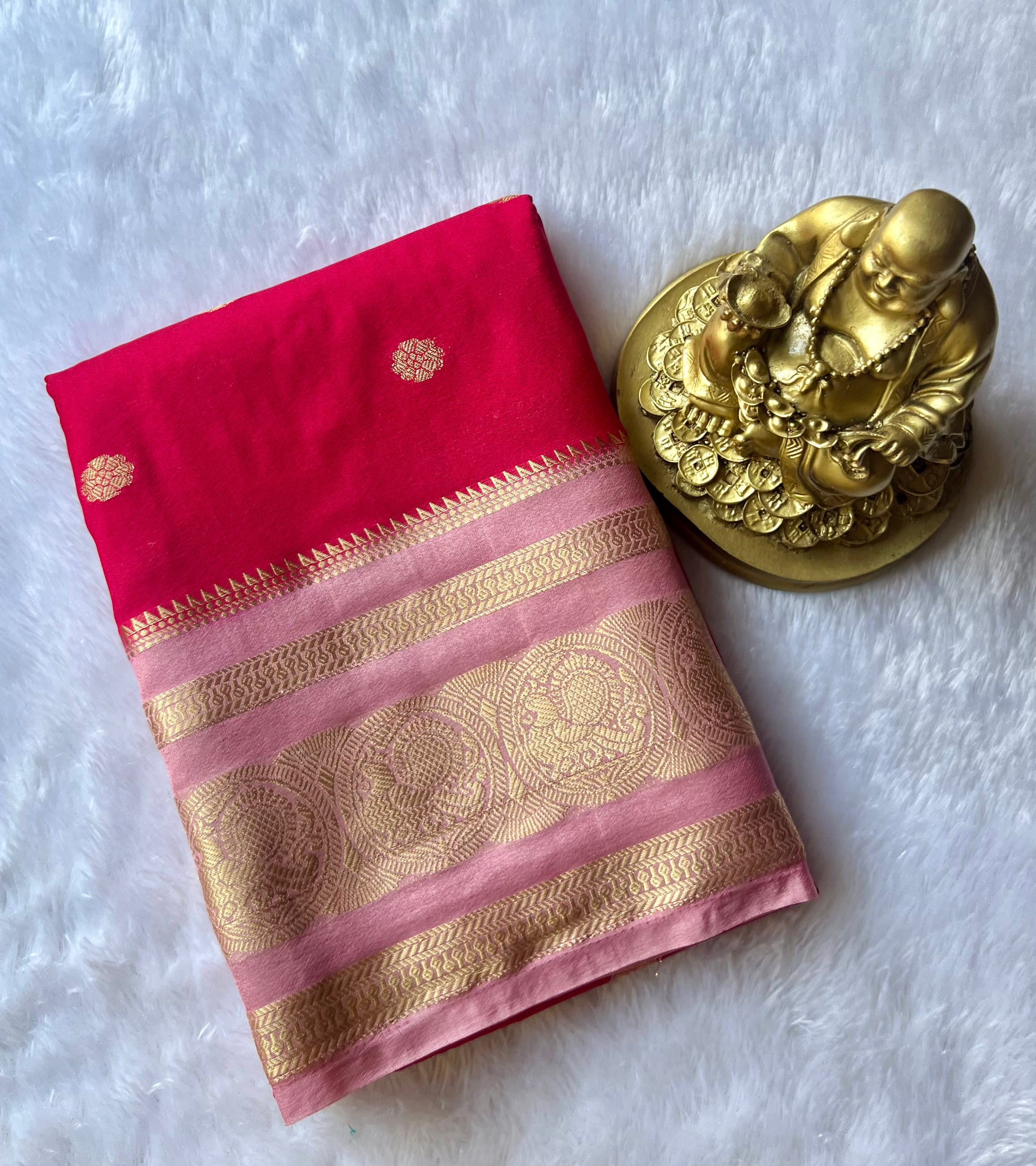 Semi Mysore Silk Flower Butta with Peacock Circle Border