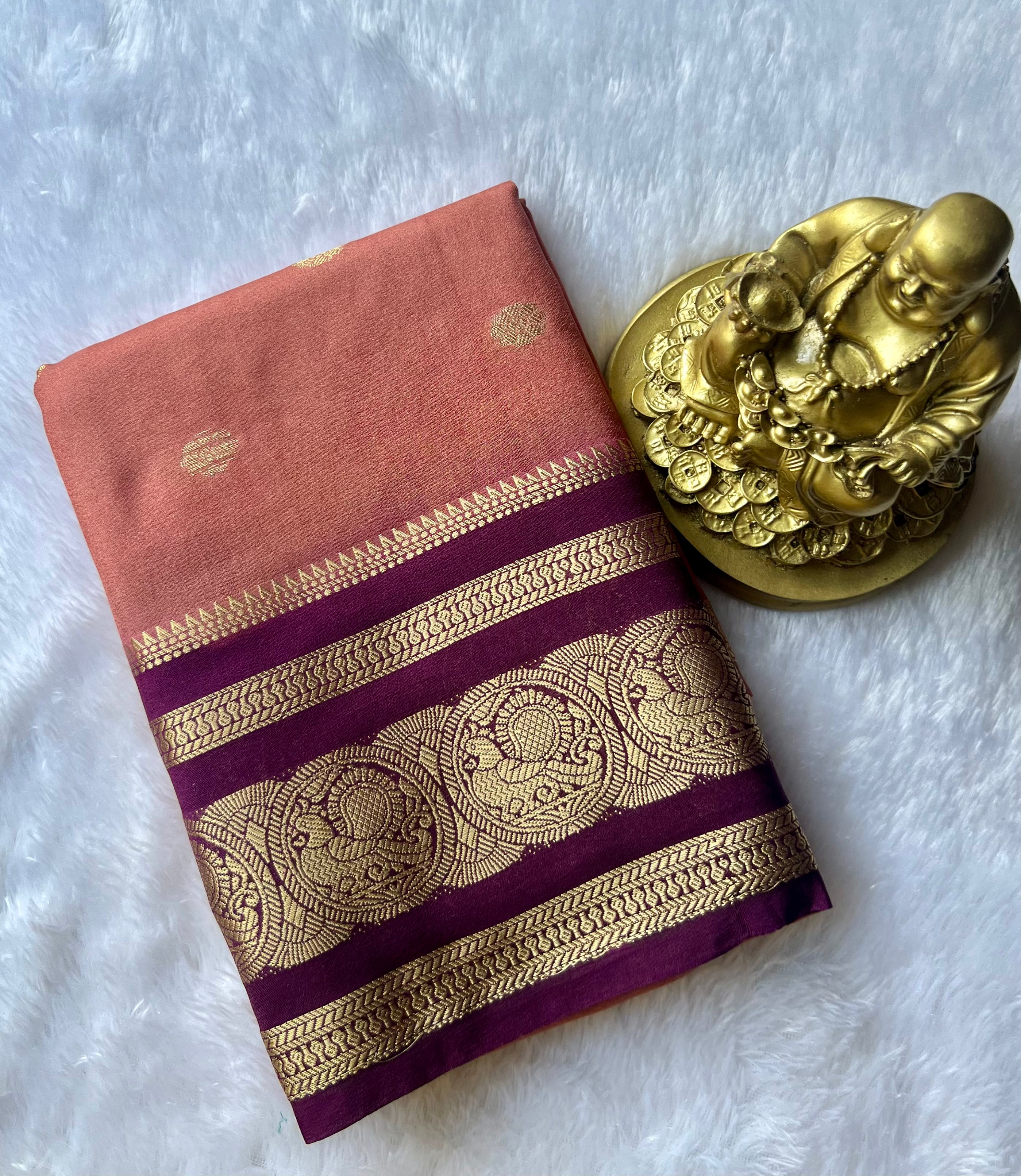 Semi Mysore Silk Flower Butta with Peacock Circle Border