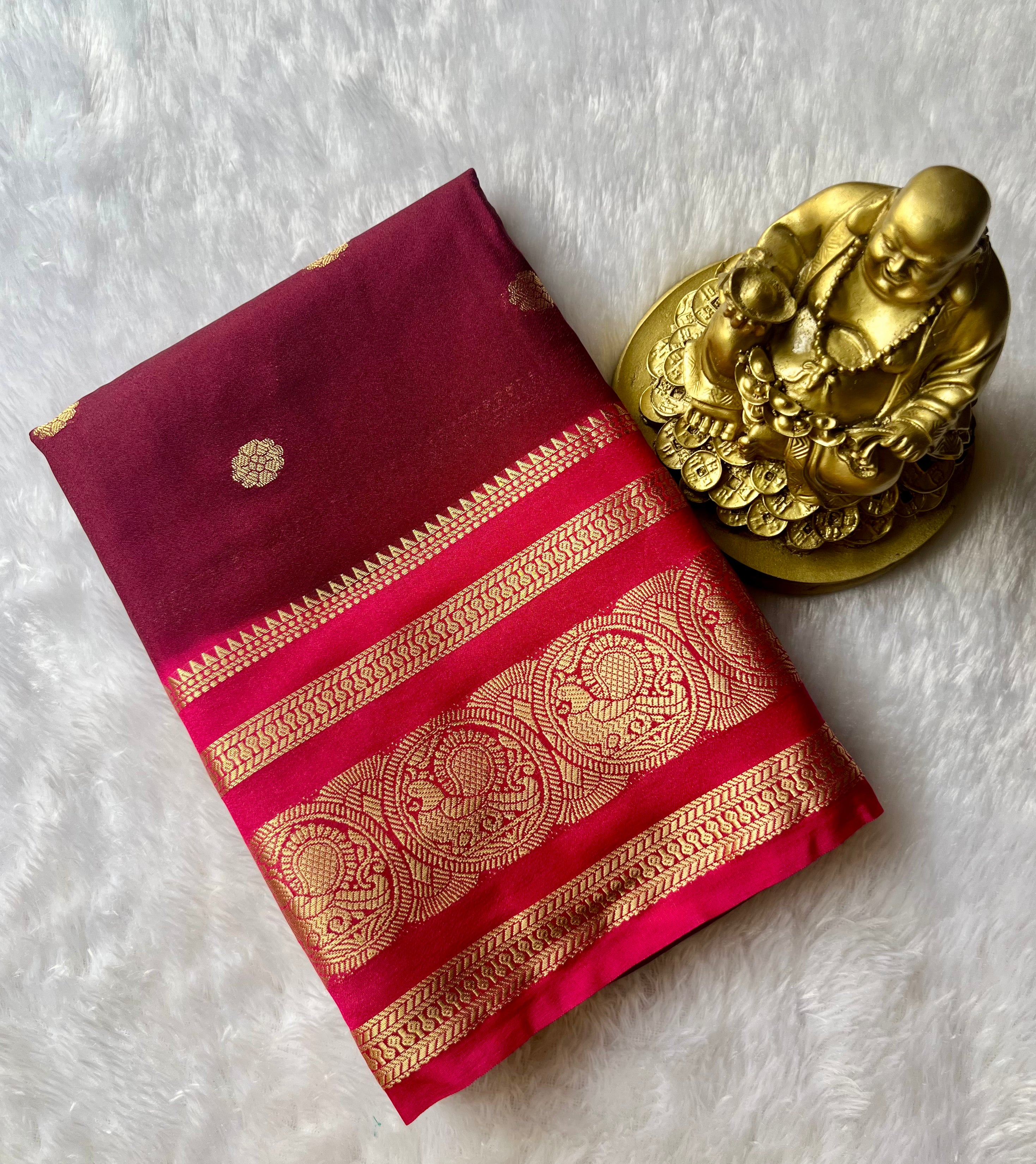 Semi Mysore Silk Flower Butta with Peacock Circle Border