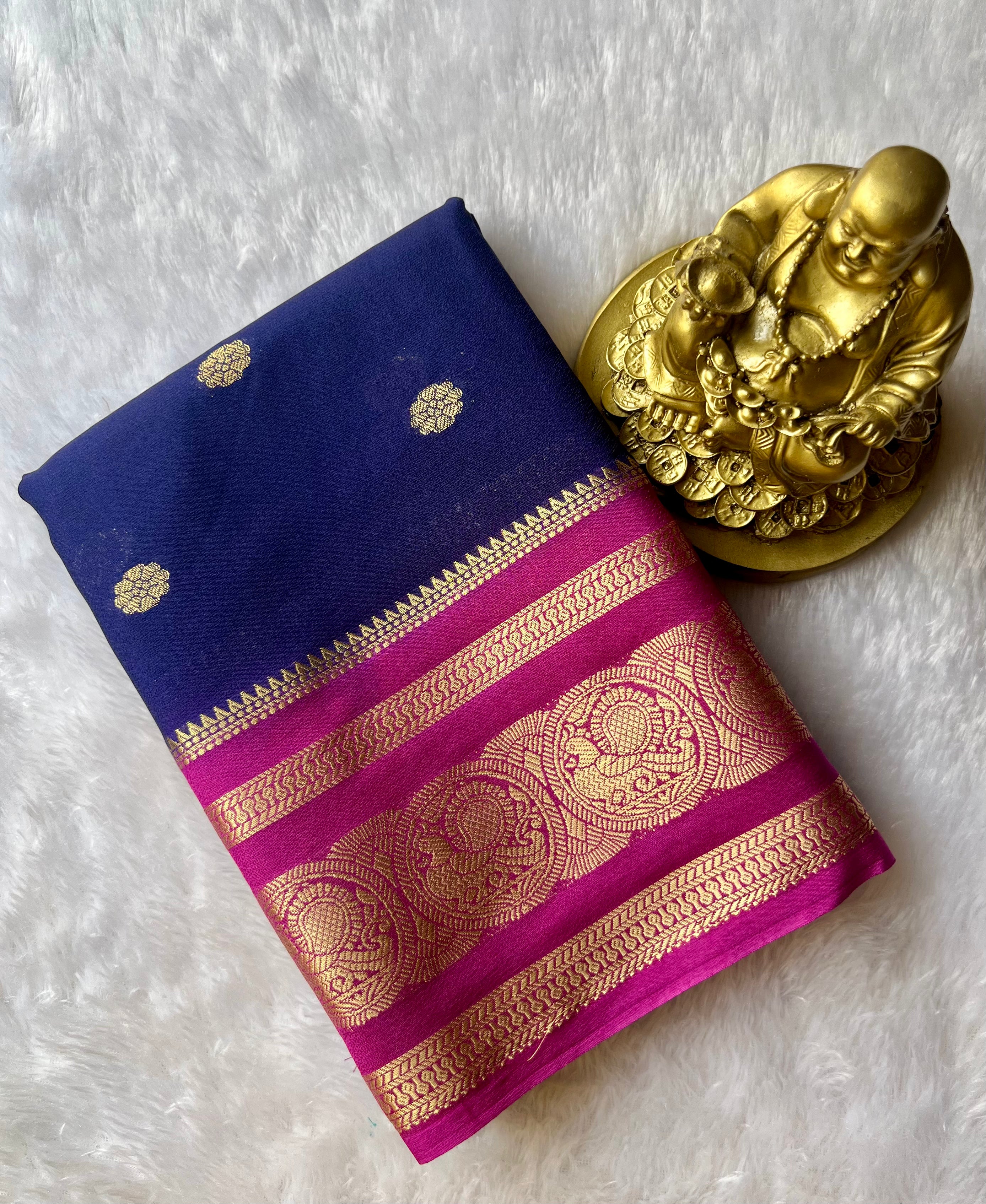 Semi Mysore Silk Flower Butta with Peacock Circle Border
