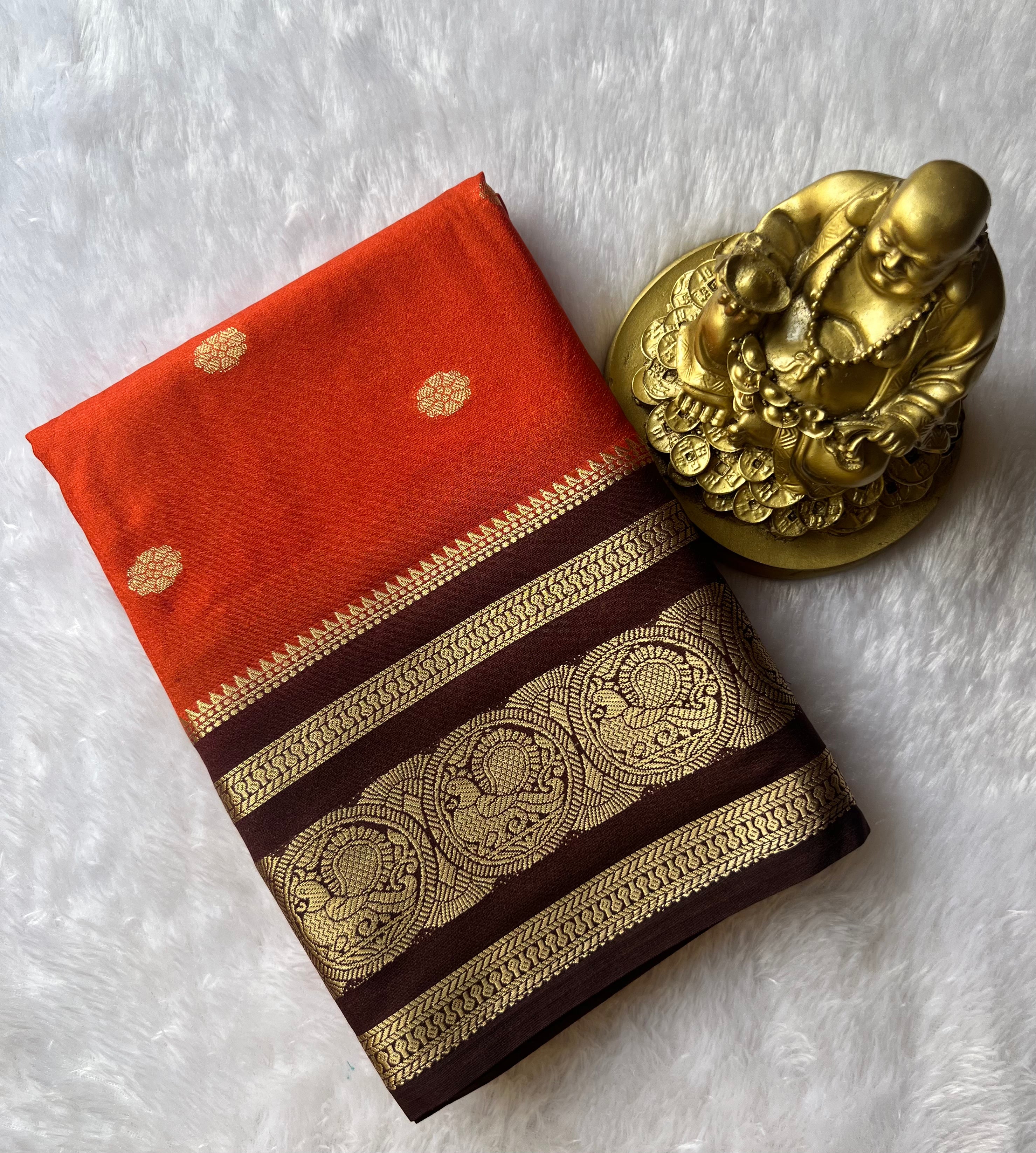 Semi Mysore Silk Flower Butta with Peacock Circle Border