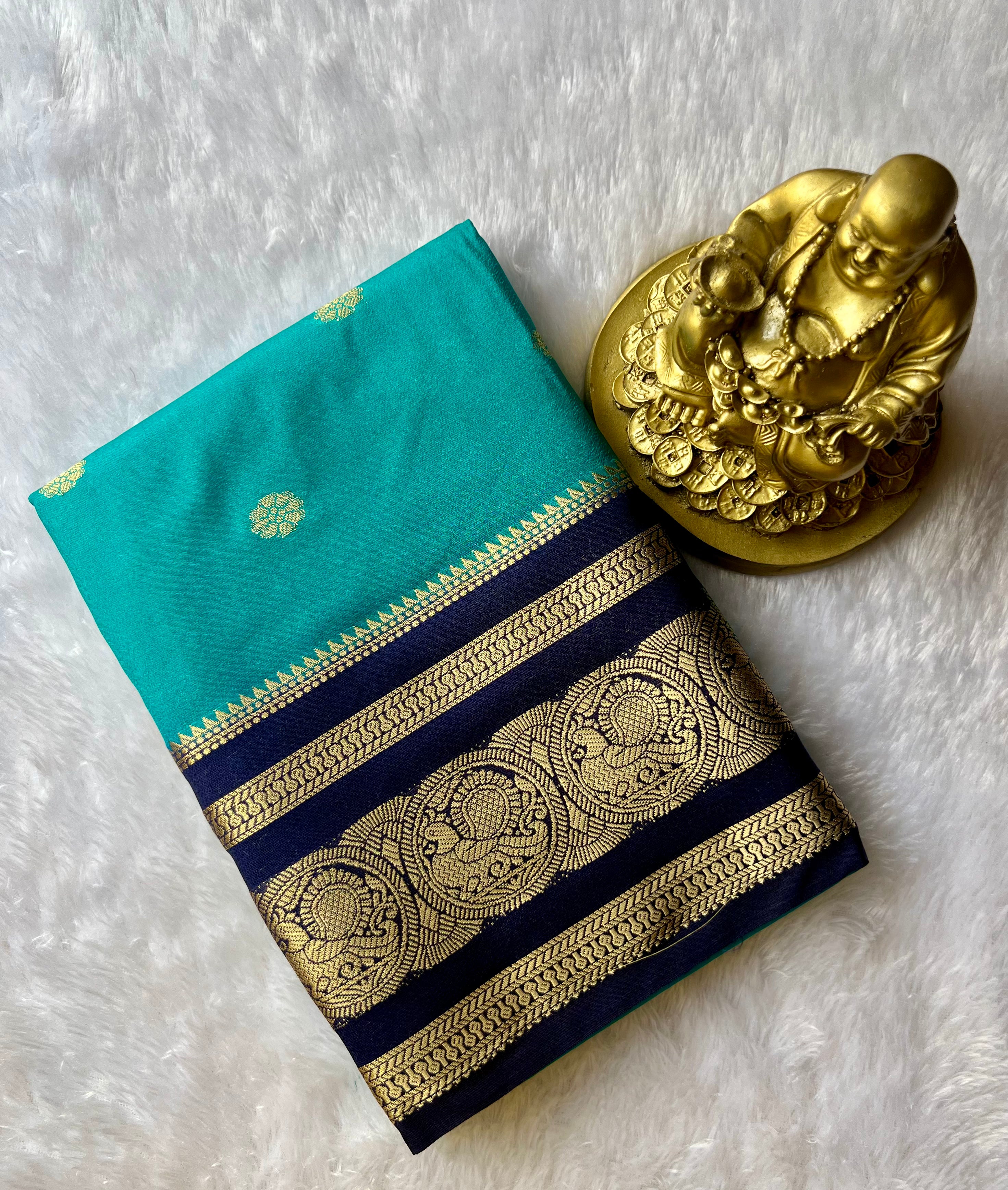 Semi Mysore Silk Flower Butta with Peacock Circle Border