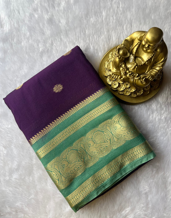 Semi Mysore Silk Flower Butta with Peacock Circle Border