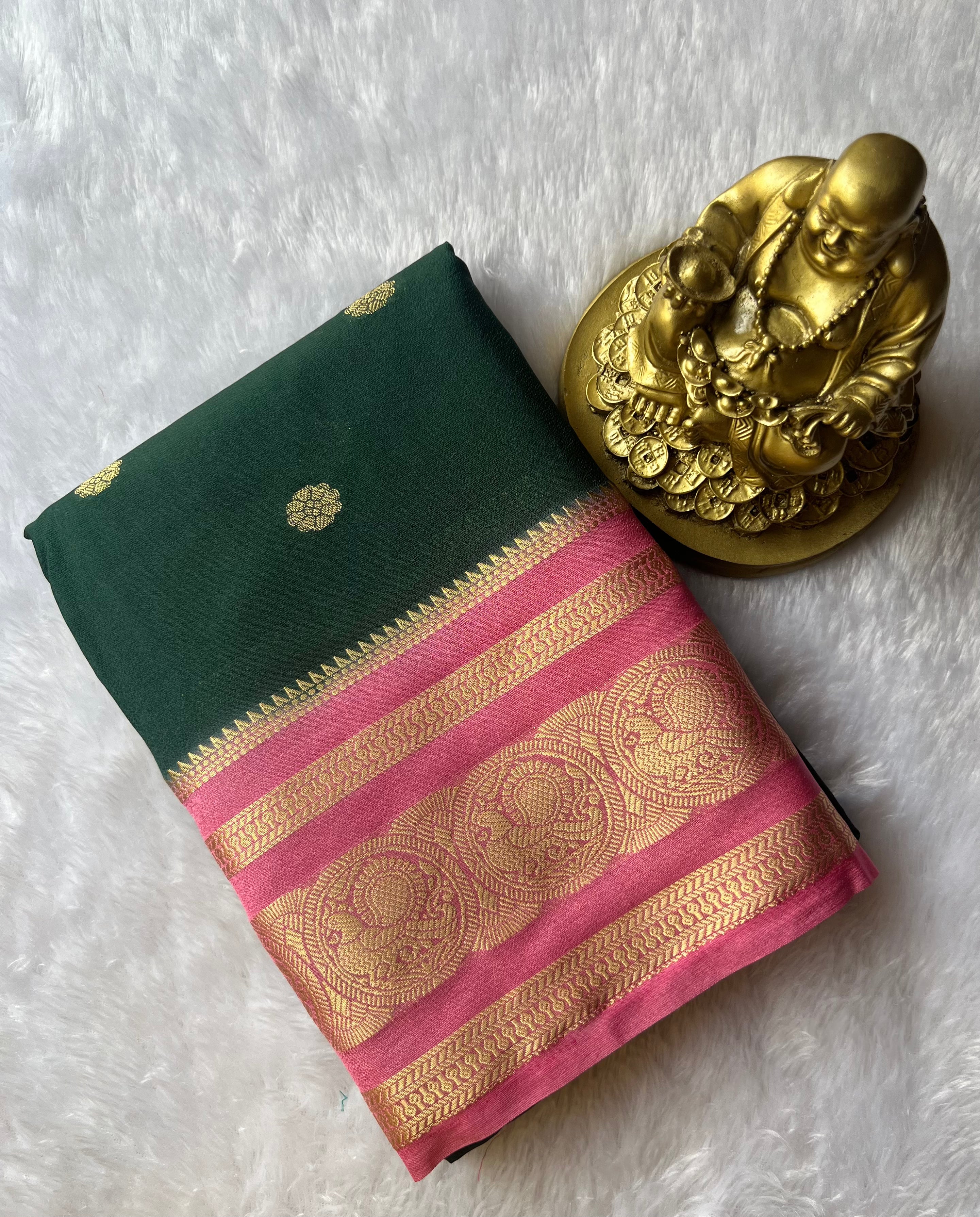 Semi Mysore Silk Flower Butta with Peacock Circle Border