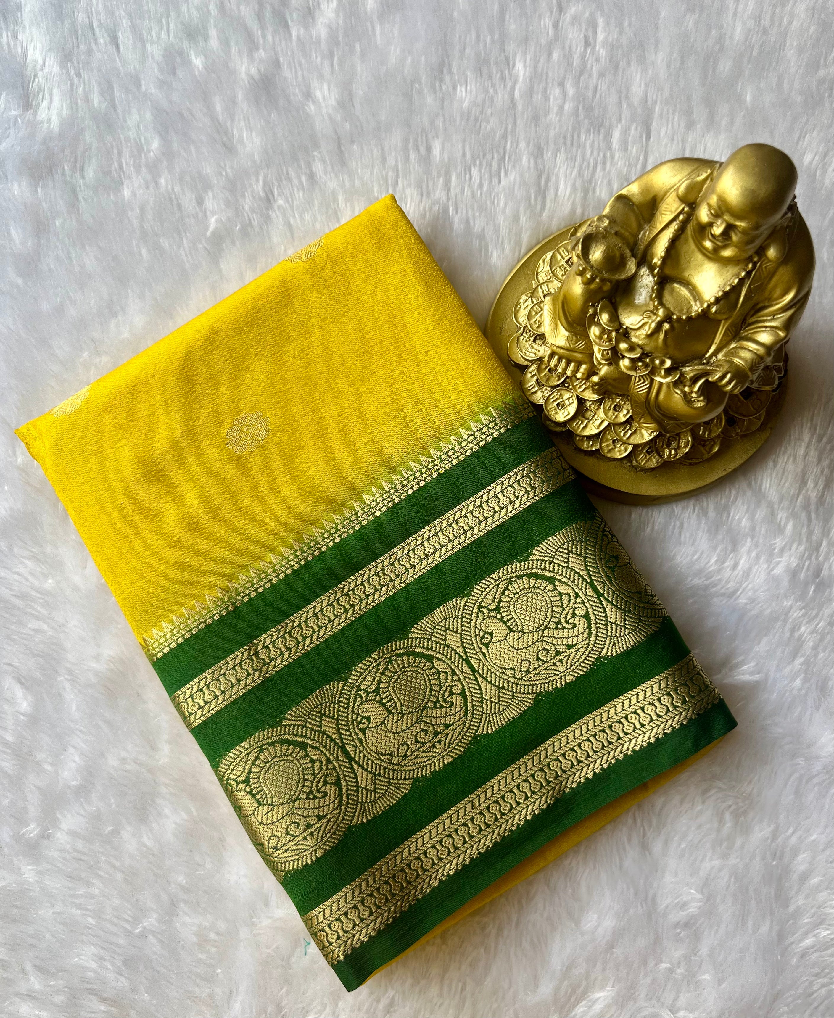 Semi Mysore Silk Flower Butta with Peacock Circle Border