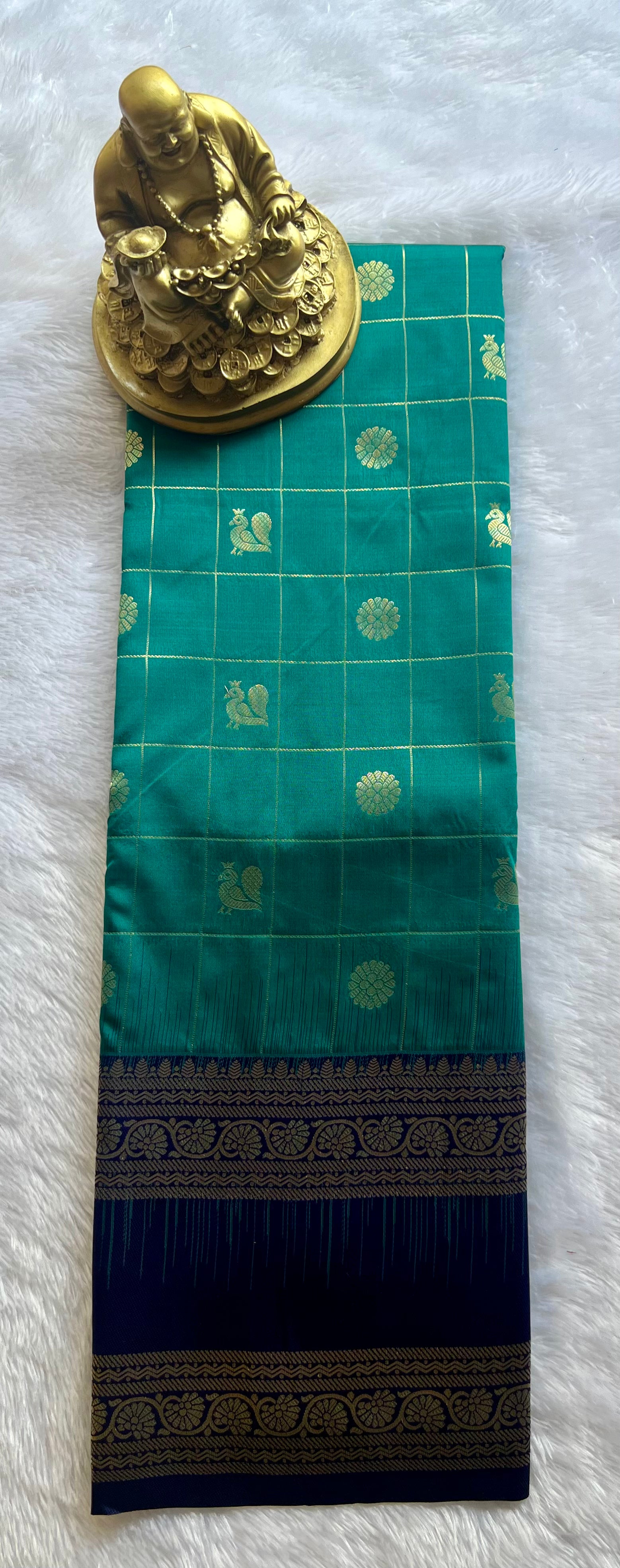 Semi Kanchi Silk Check with Floral n Pecock Motif Floral bentex Border