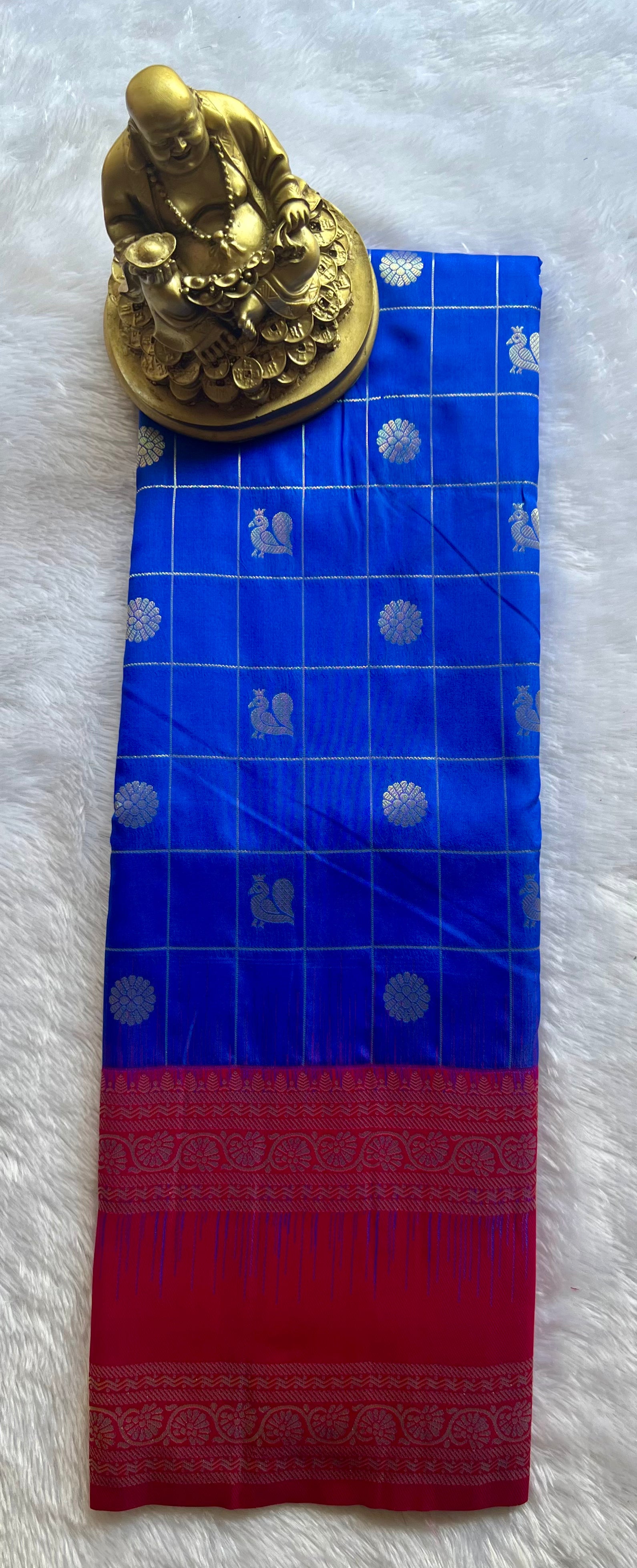 Semi Kanchi Silk Check with Floral n Pecock Motif Floral bentex Border