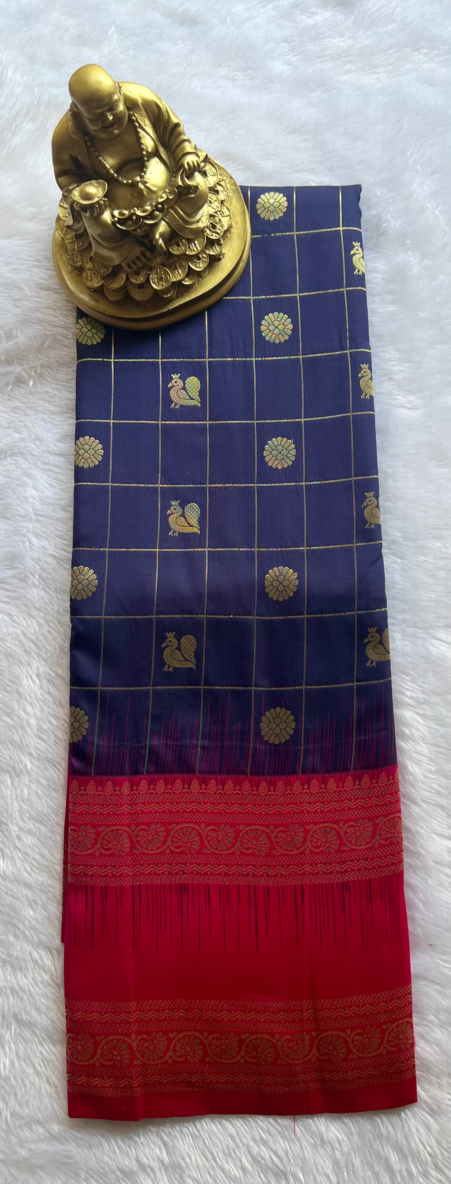 Semi Kanchi Silk Check with Floral n Pecock Motif Floral bentex Border