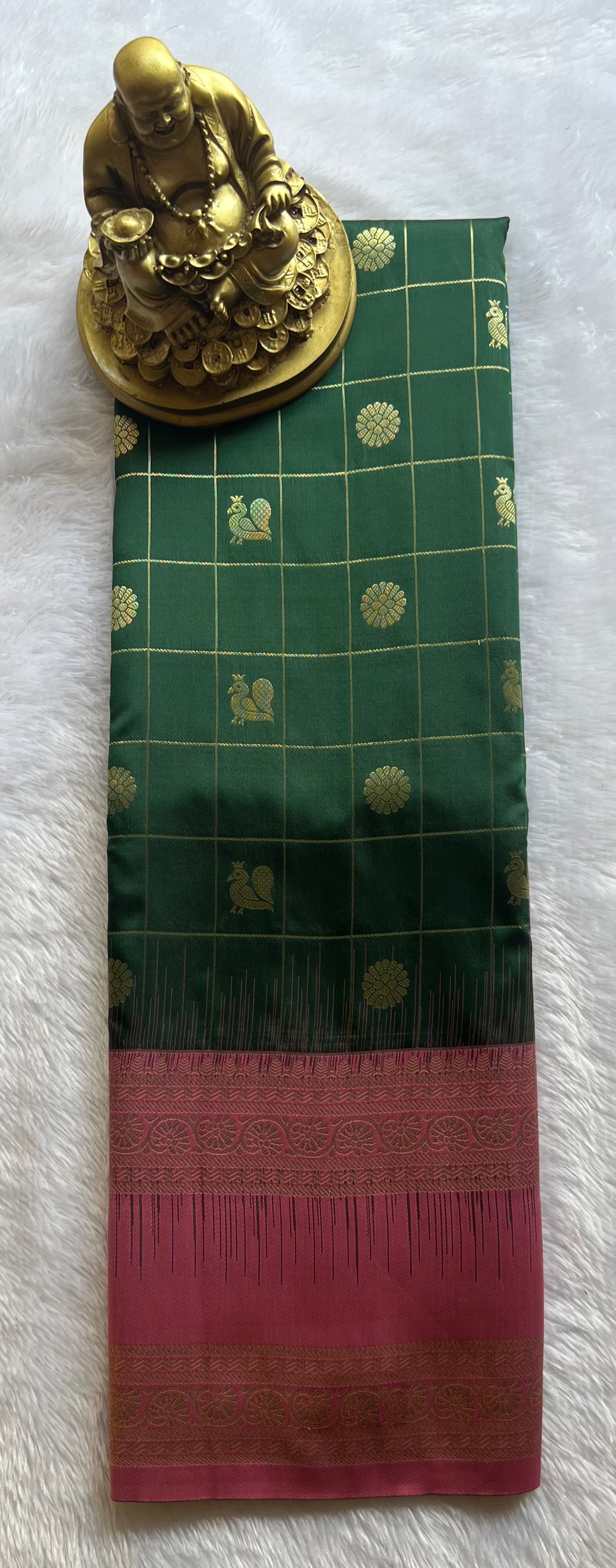 Semi Kanchi Silk Check with Floral n Pecock Motif Floral bentex Border