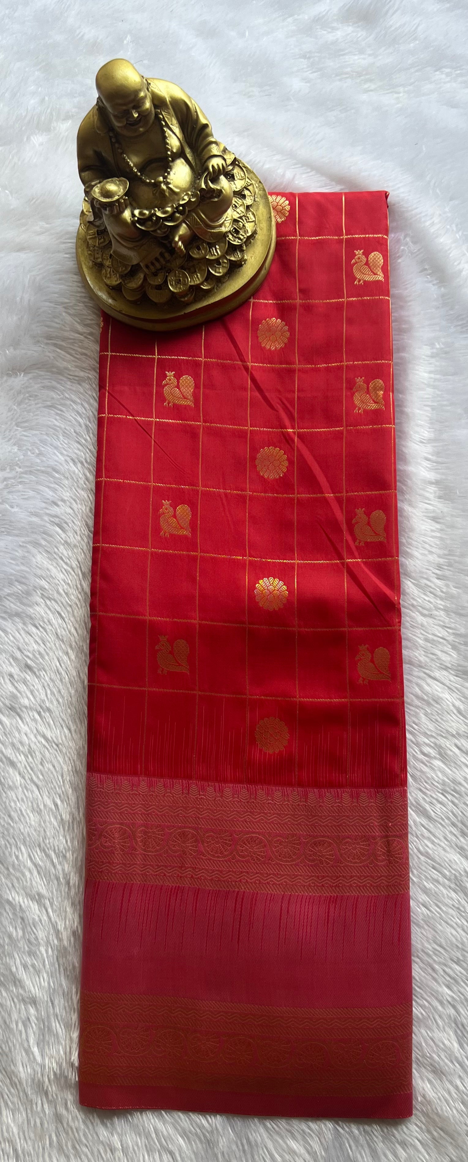 Semi Kanchi Silk Check with Floral n Pecock Motif Floral bentex Border