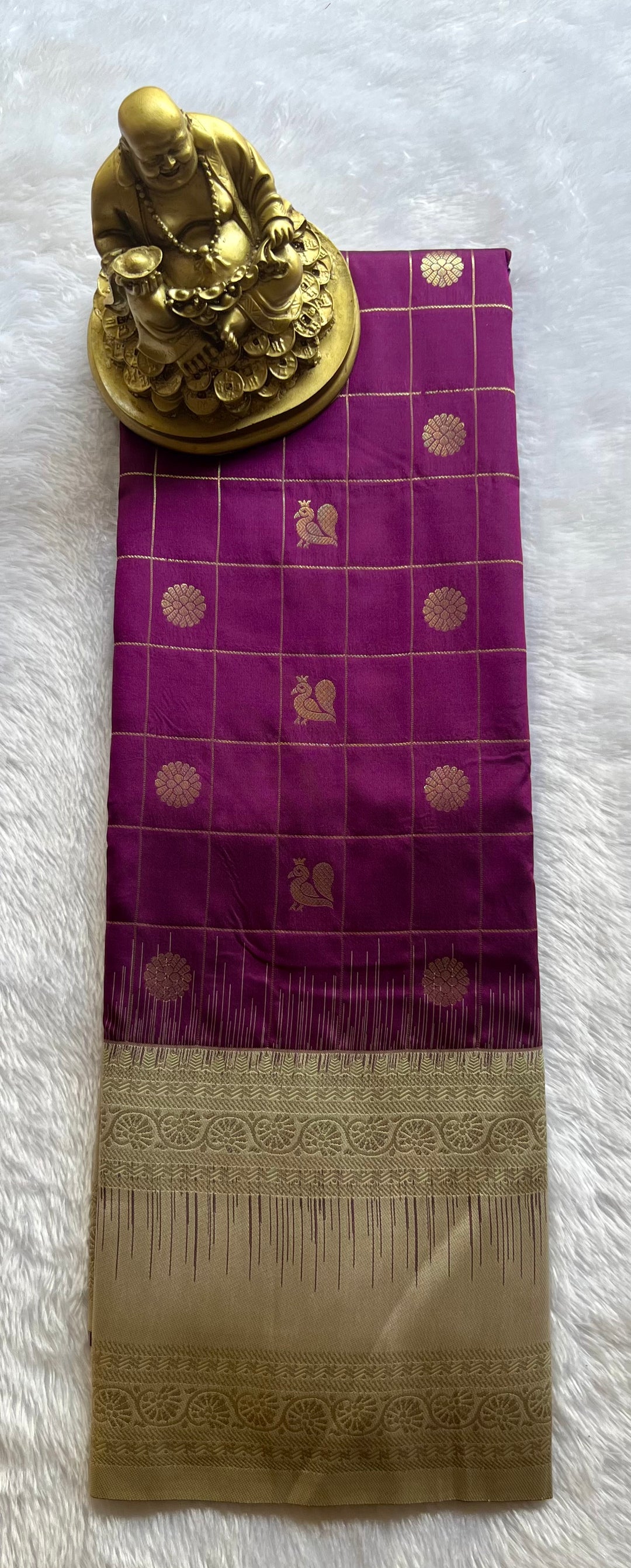 Semi Kanchi Silk Check with Floral n Pecock Motif Floral bentex Border