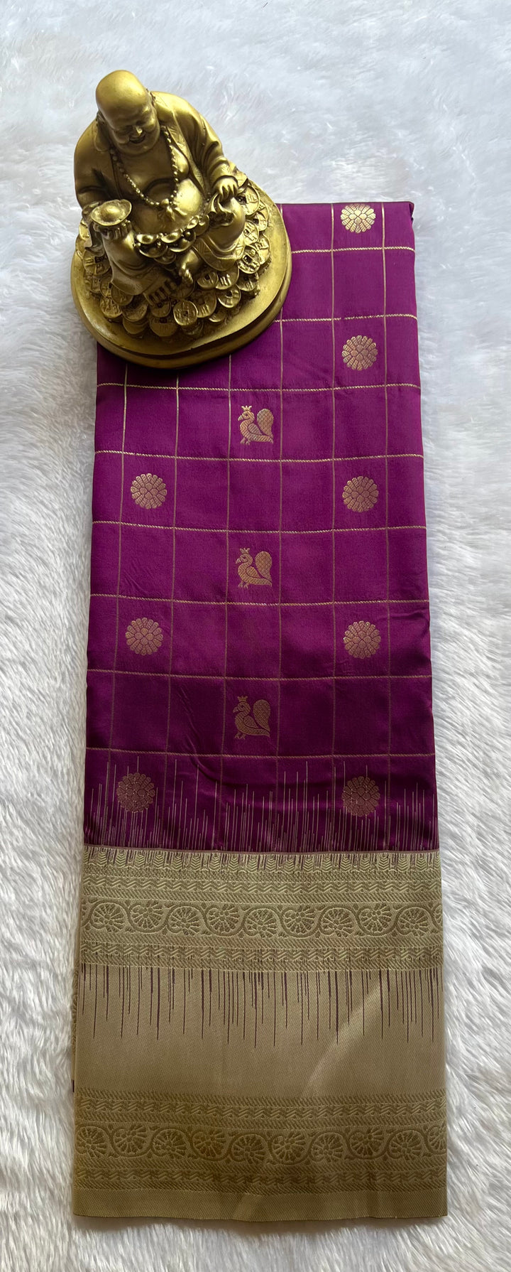Semi Kanchi Silk Check with Floral n Pecock Motif Floral bentex Border