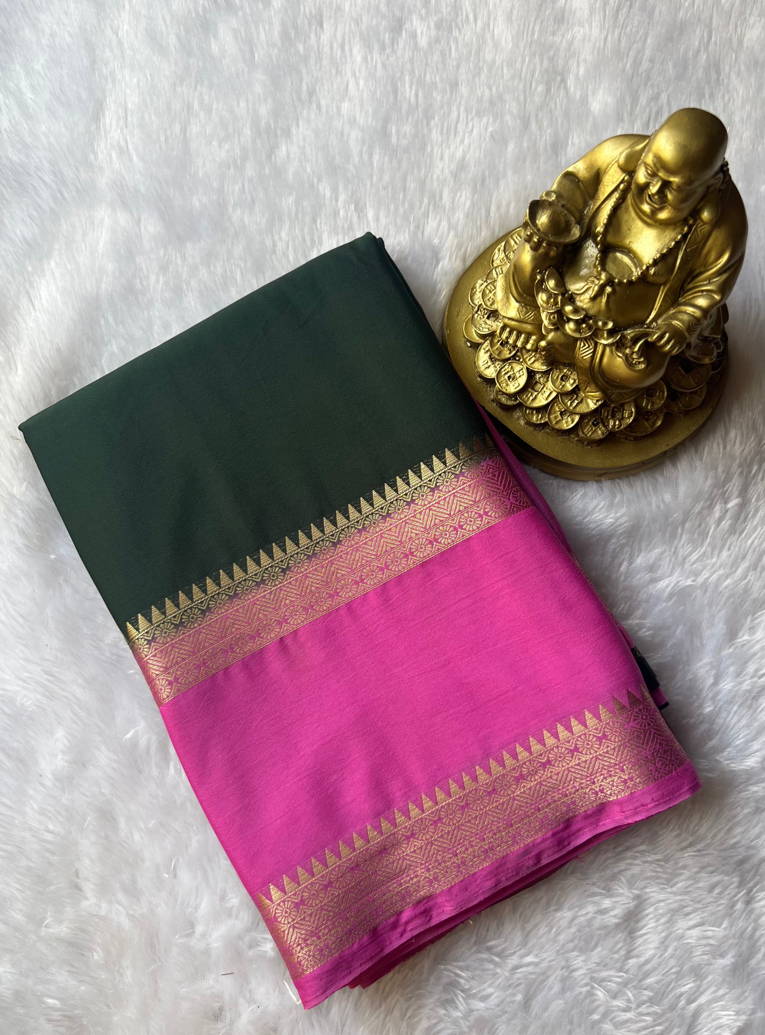 Semi Mysore Plain body Floral Temple Bentex Border Contrast