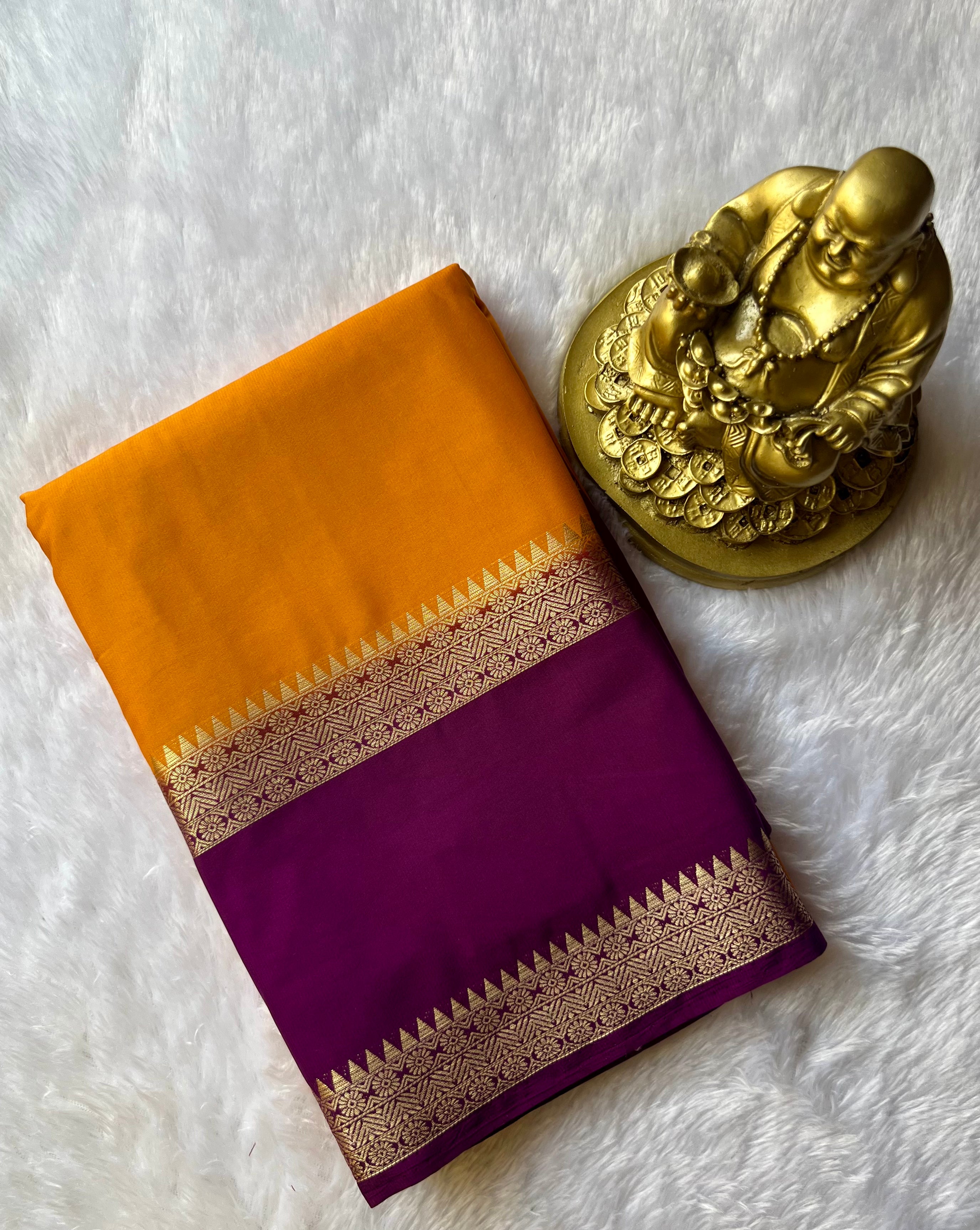 Semi Mysore Plain body Floral Temple Bentex Border Contrast