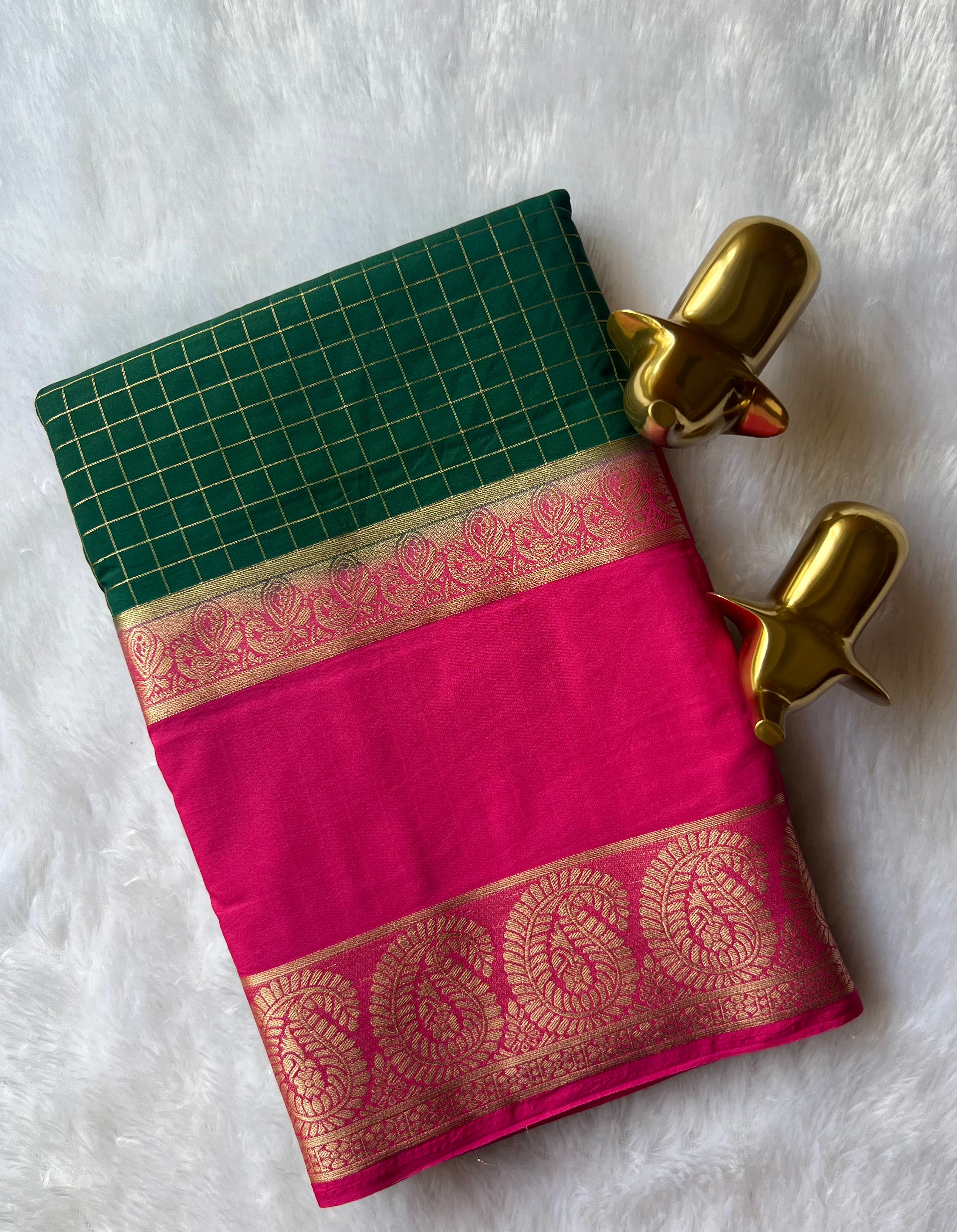 Semi Mysore Silk Checks  Peacock and mango Bentex Border