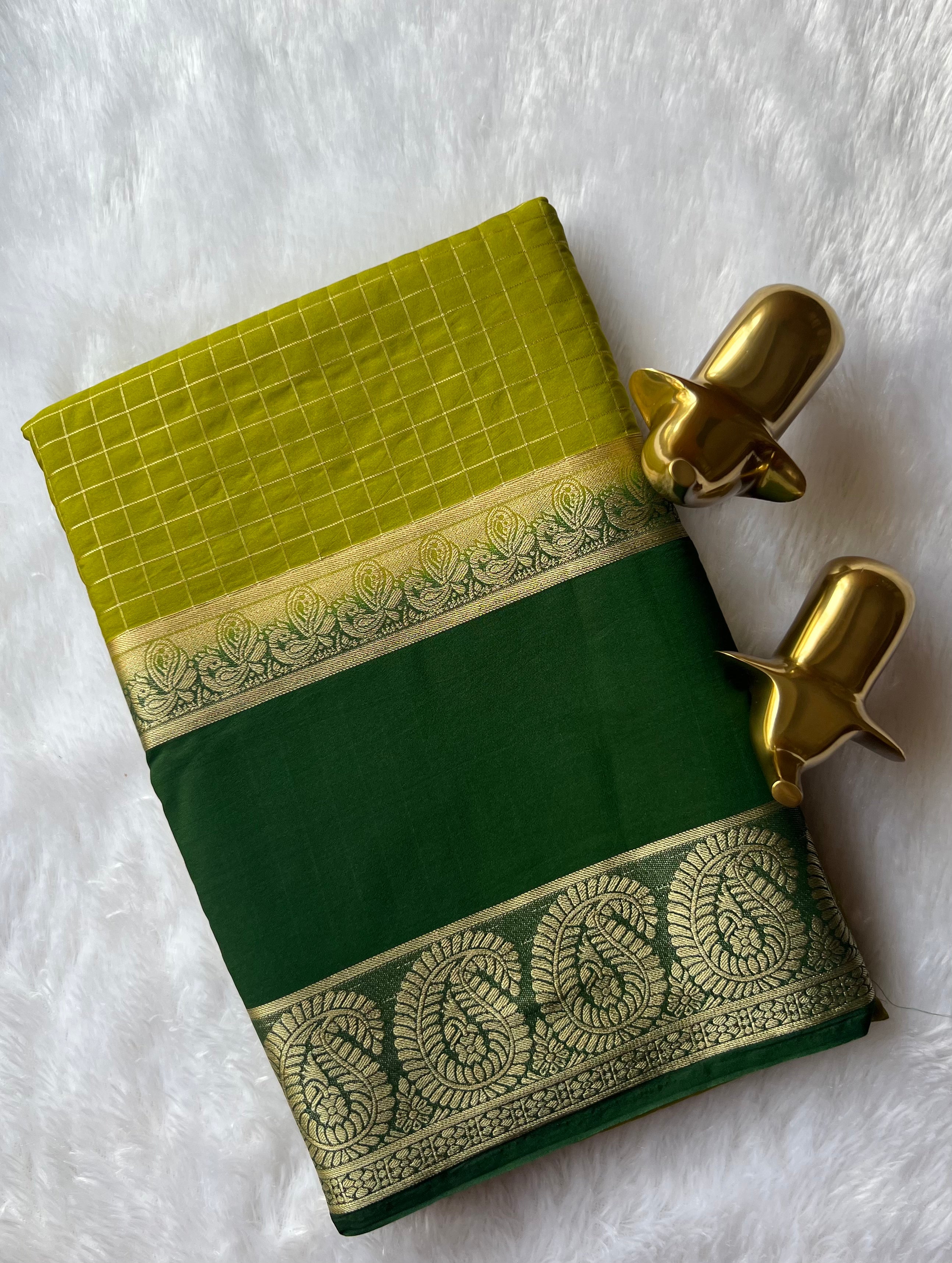 Semi Mysore Silk Checks  Peacock and mango Bentex Border