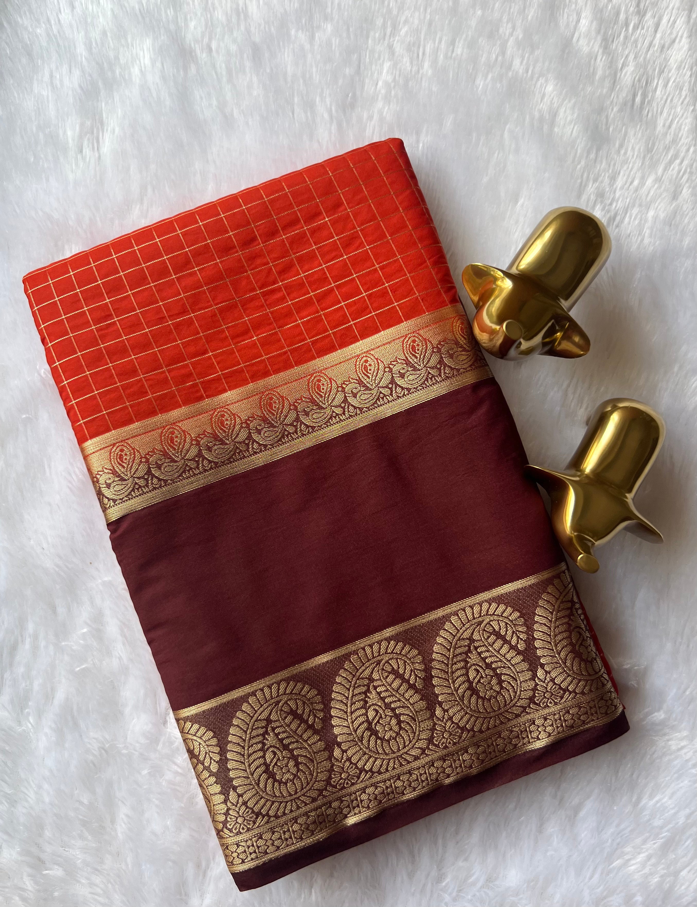 Semi Mysore Silk Checks  Peacock and mango Bentex Border