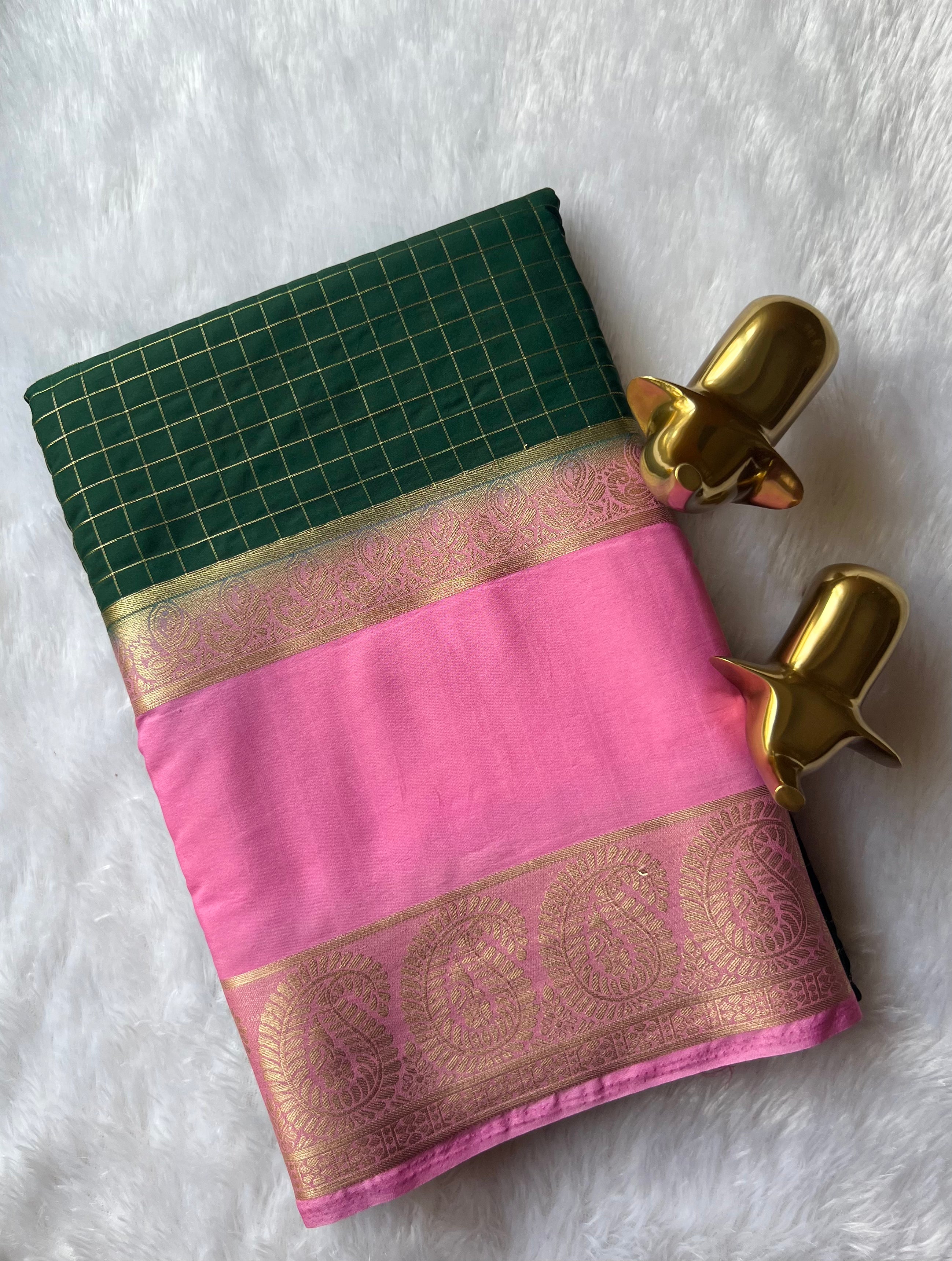 Semi Mysore Silk Checks  Peacock and mango Bentex Border