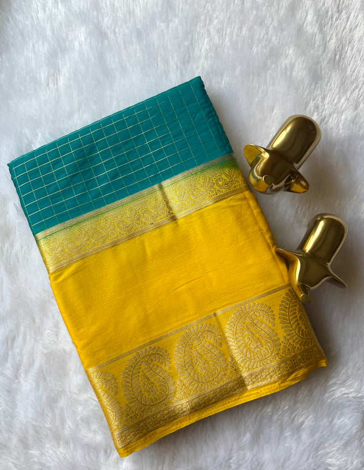 Semi Mysore Silk Checks  Peacock and mango Bentex Border