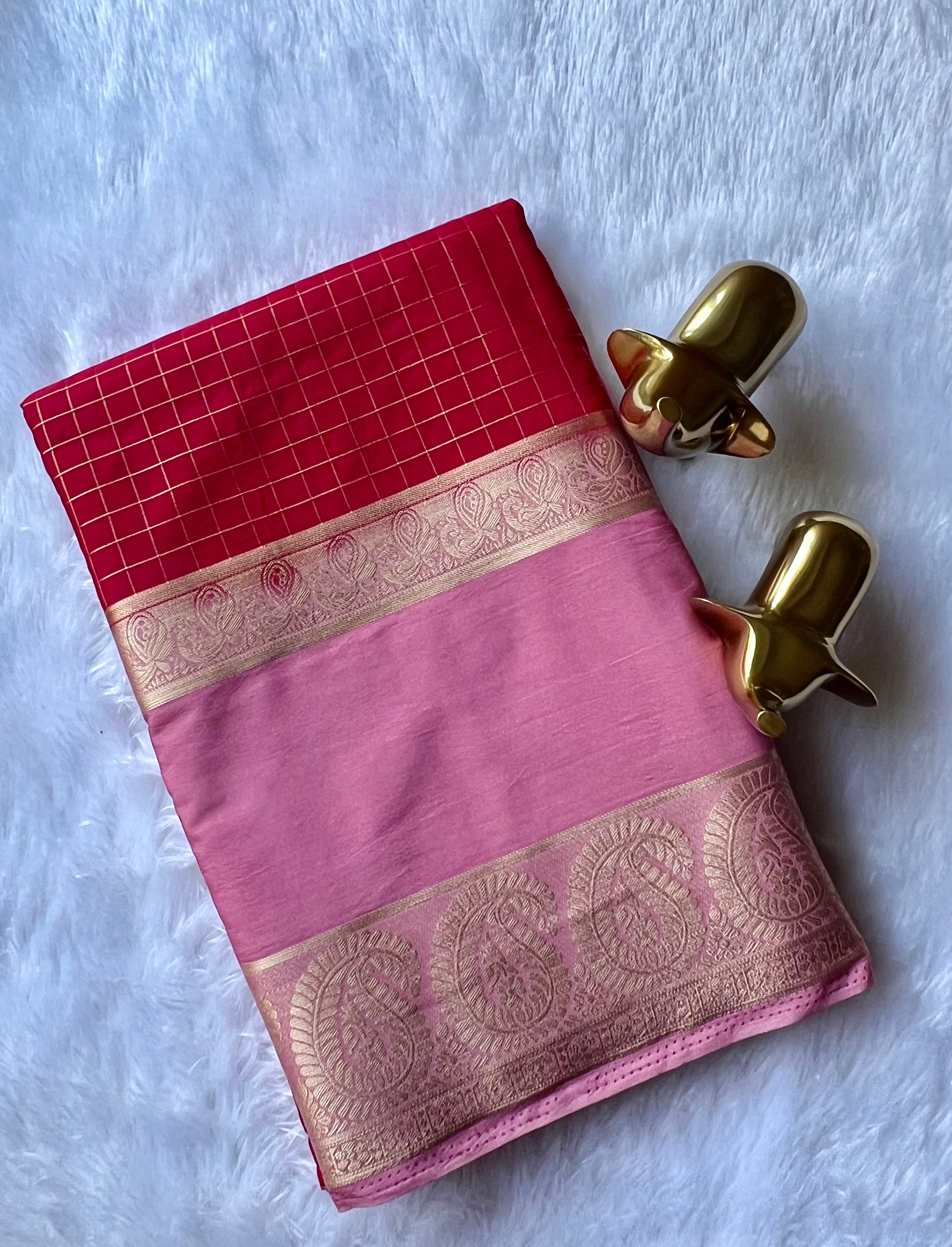 Semi Mysore Silk Checks  Peacock and mango Bentex Border