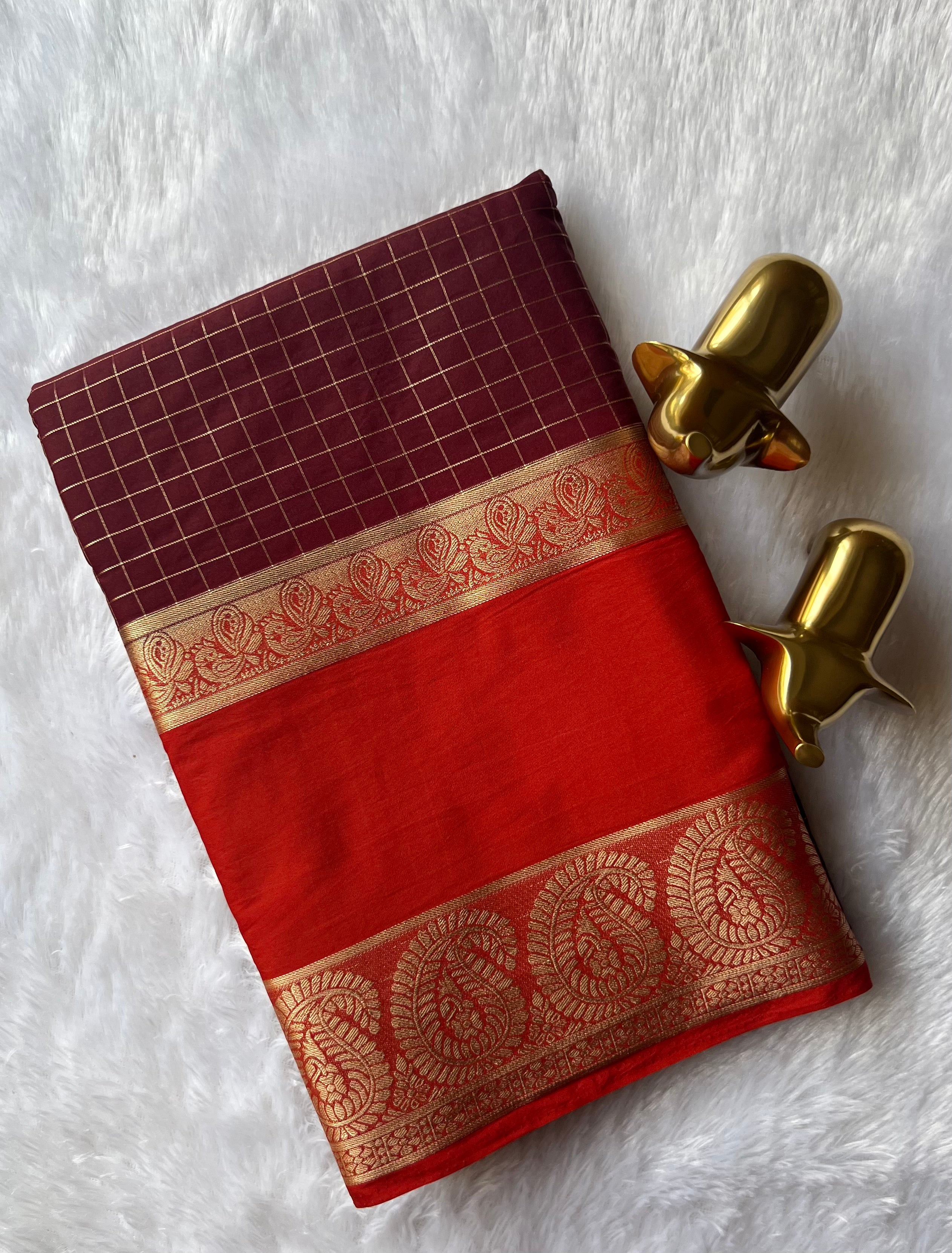 Semi Mysore Silk Checks  Peacock and mango Bentex Border