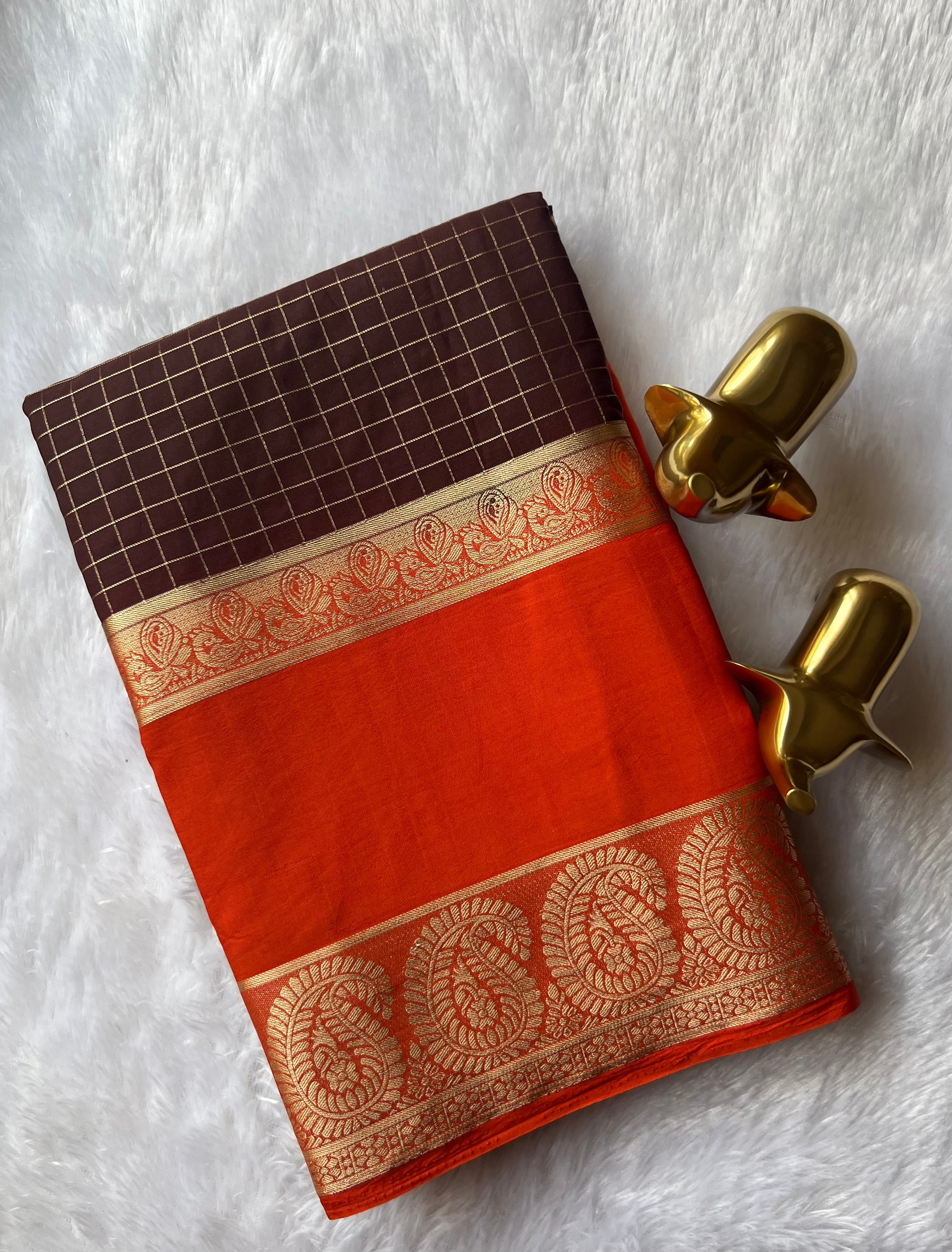 Semi Mysore Silk Checks  Peacock and mango Bentex Border