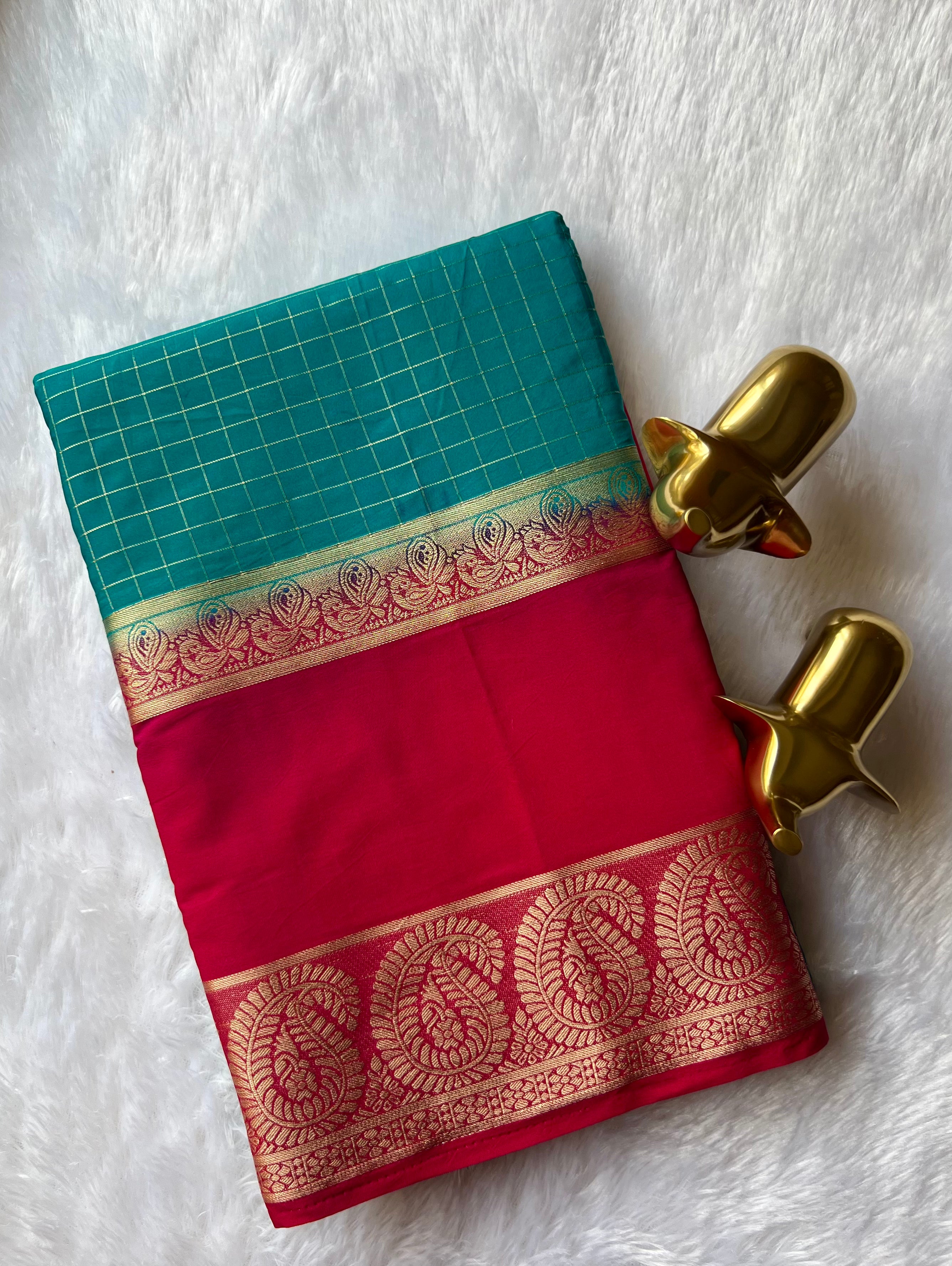 Semi Mysore Silk Checks  Peacock and mango Bentex Border