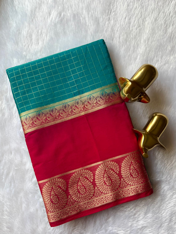 Semi Mysore Silk Checks  Peacock and mango Bentex Border