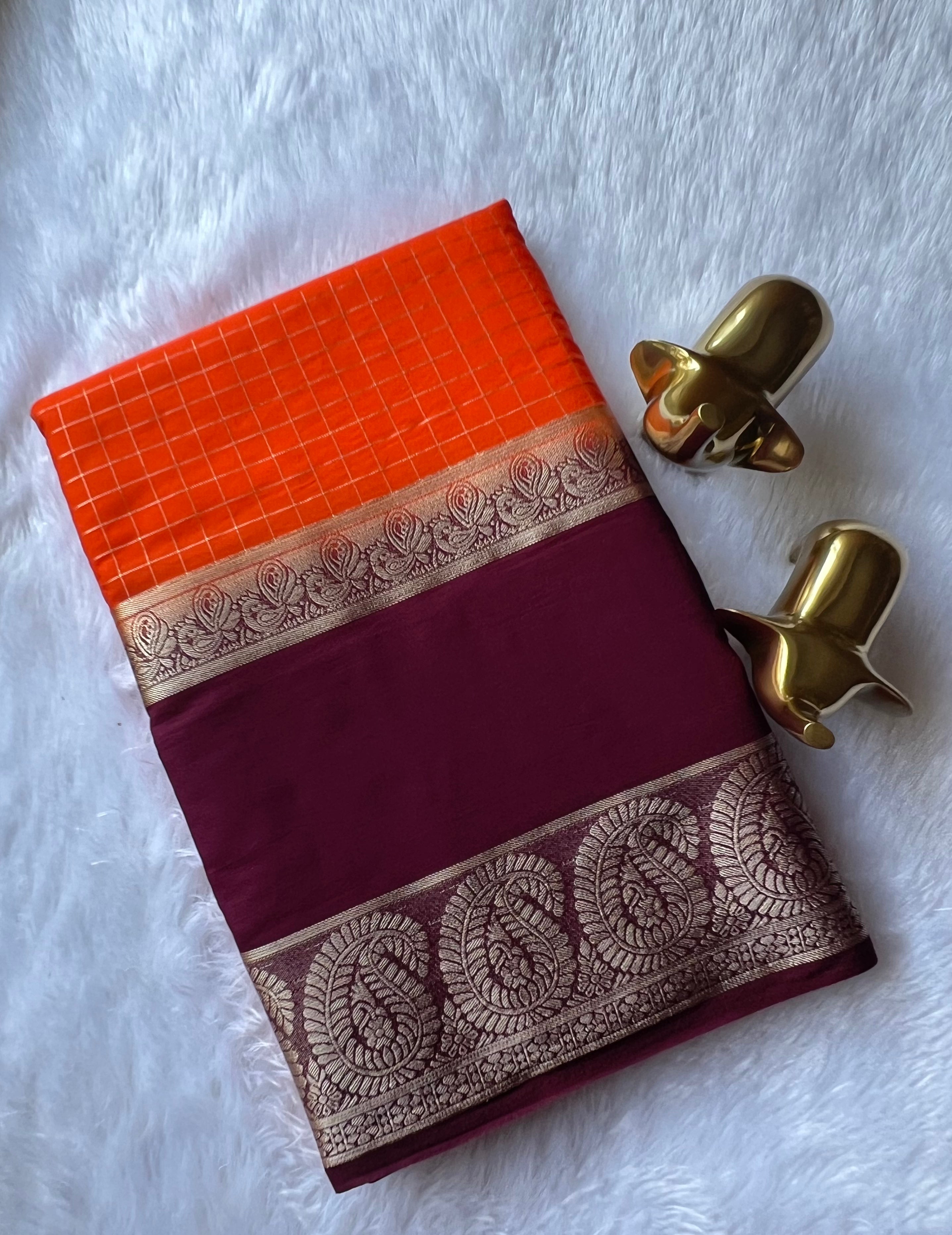 Semi Mysore Silk Checks  Peacock and mango Bentex Border