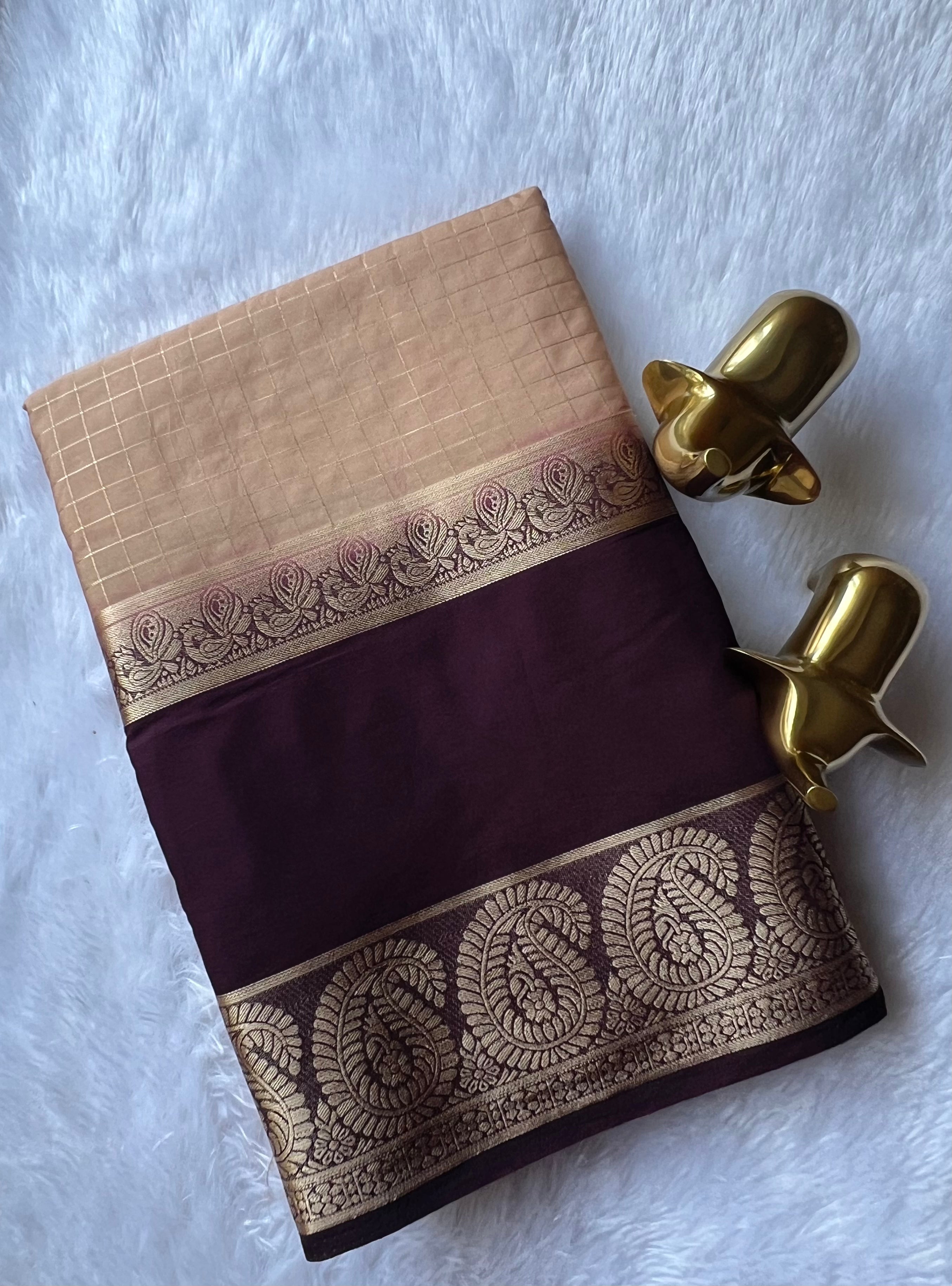 Semi Mysore Silk Checks  Peacock and mango Bentex Border