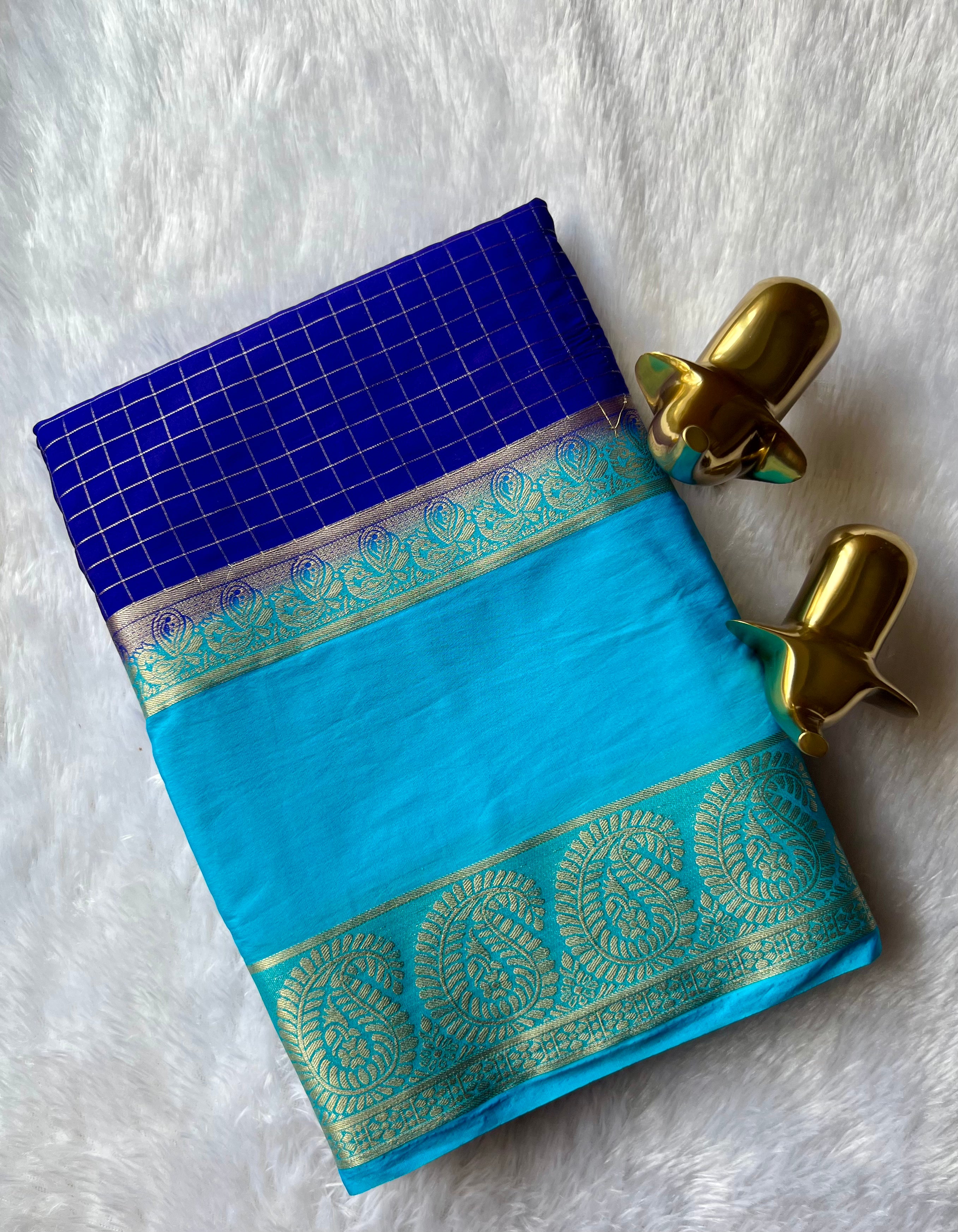 Semi Mysore Silk Checks  Peacock and mango Bentex Border