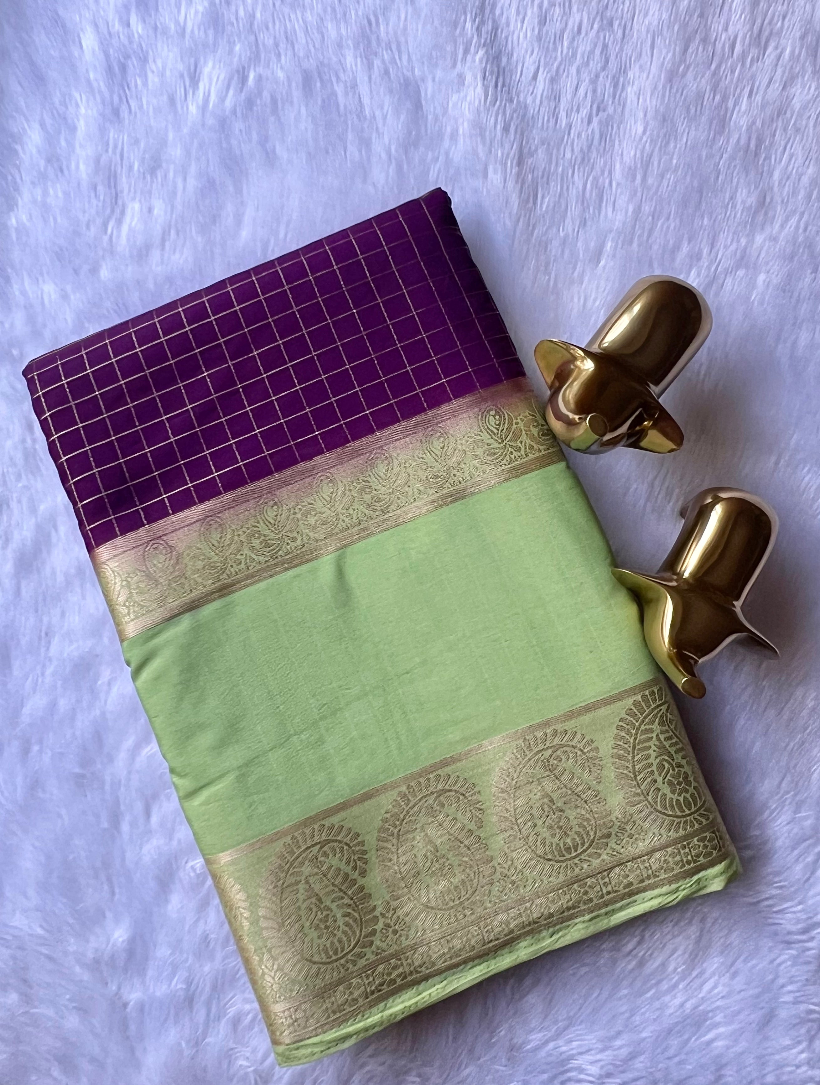 Semi Mysore Silk Checks  Peacock and mango Bentex Border