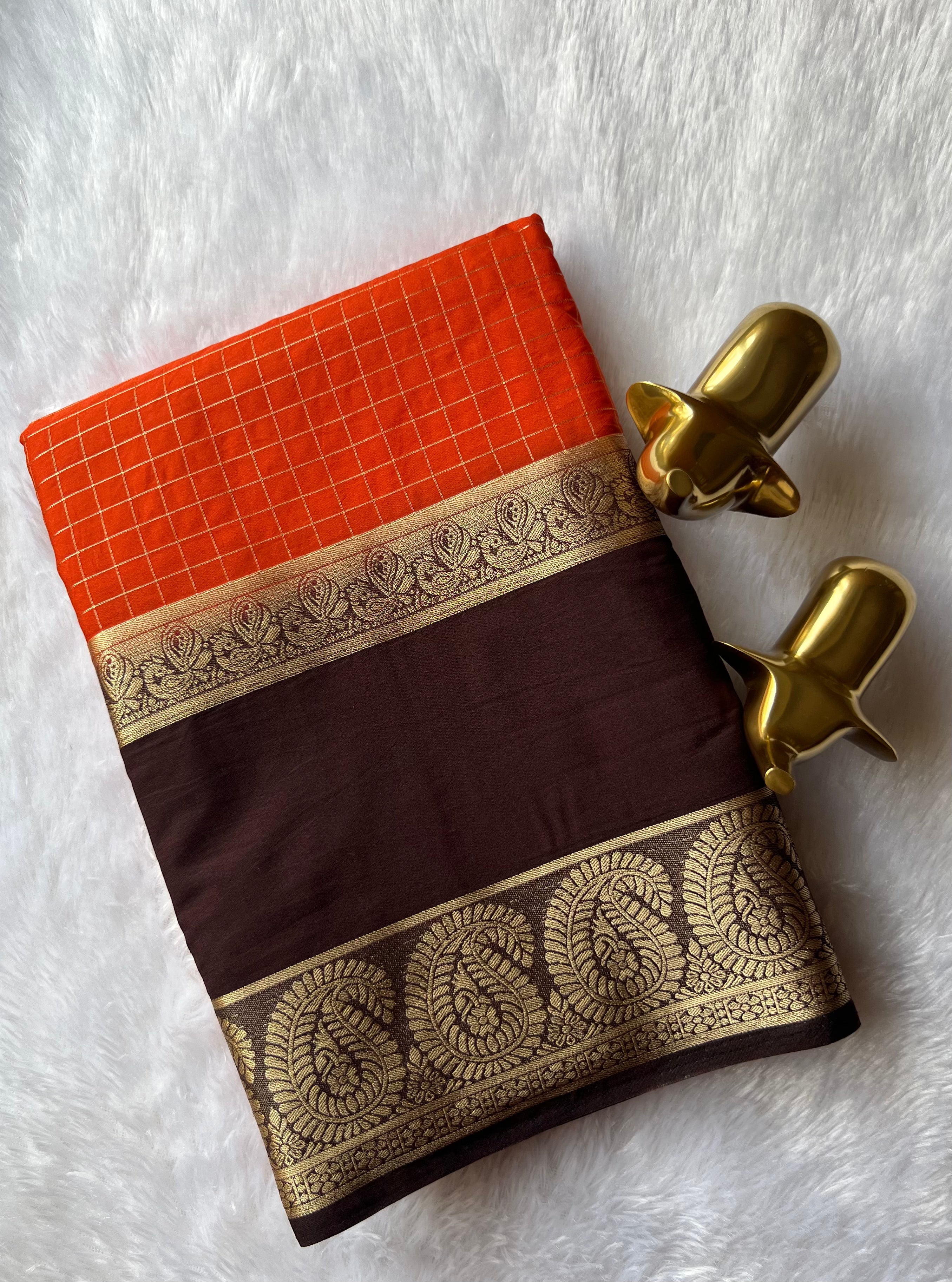 Semi Mysore Silk Checks  Peacock and mango Bentex Border