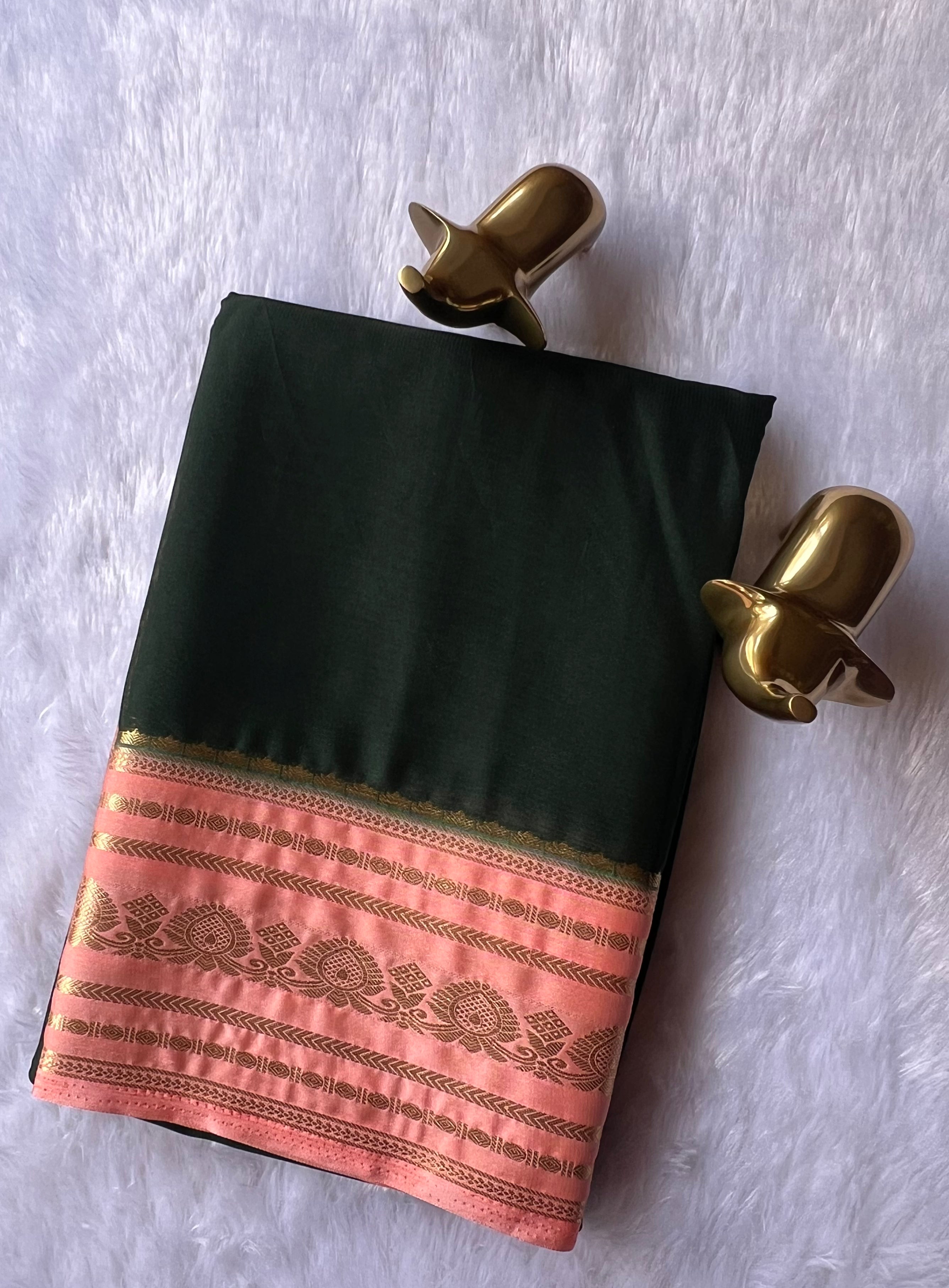 Semi Mysore Silk Plain Body Floral medium border Contrast