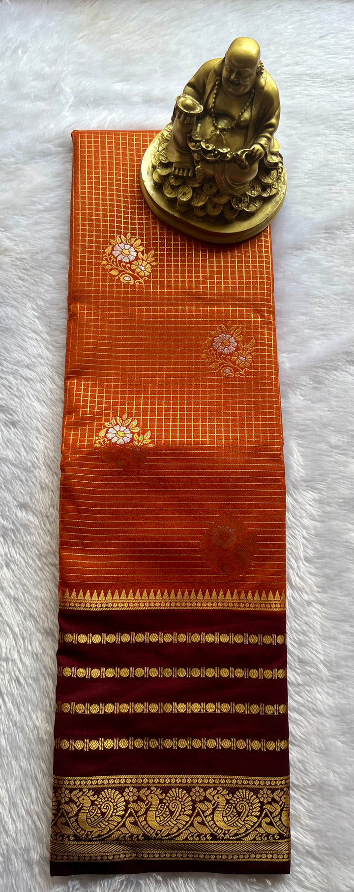 Semi Mysore Silk Small Checks body Rudrakshi Peacock Border