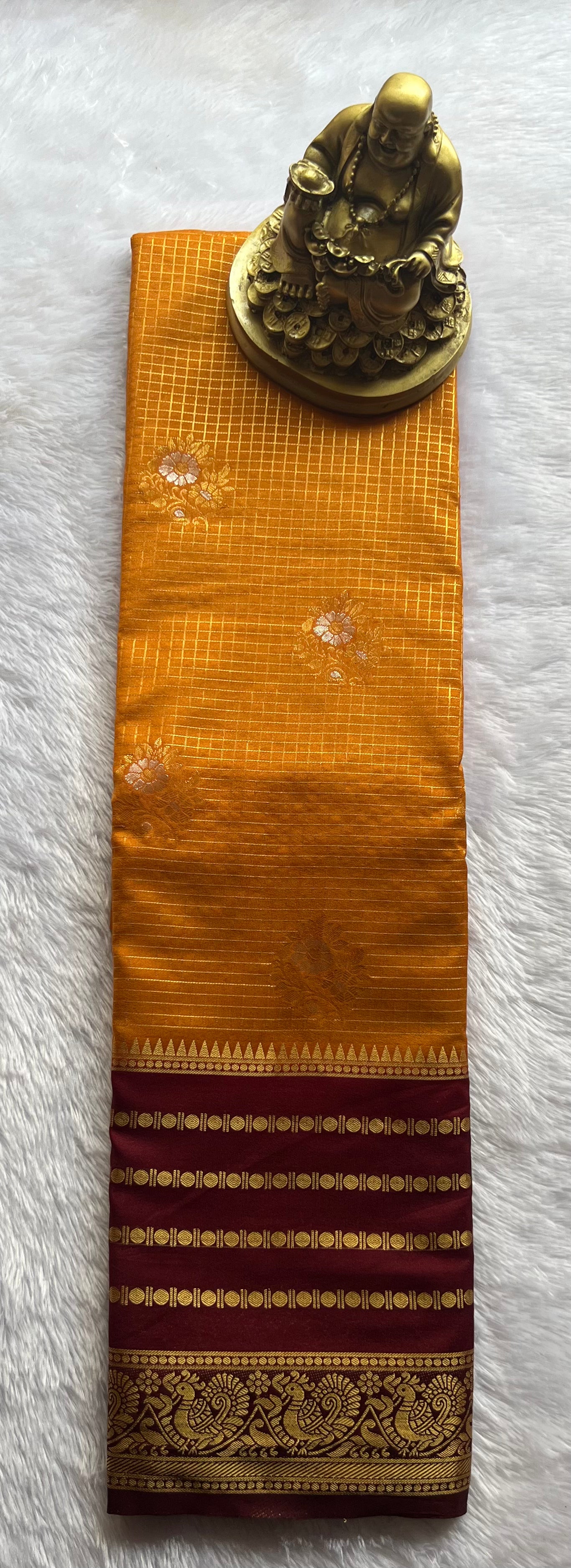 Semi Mysore Silk Small Checks body Rudrakshi Peacock Border