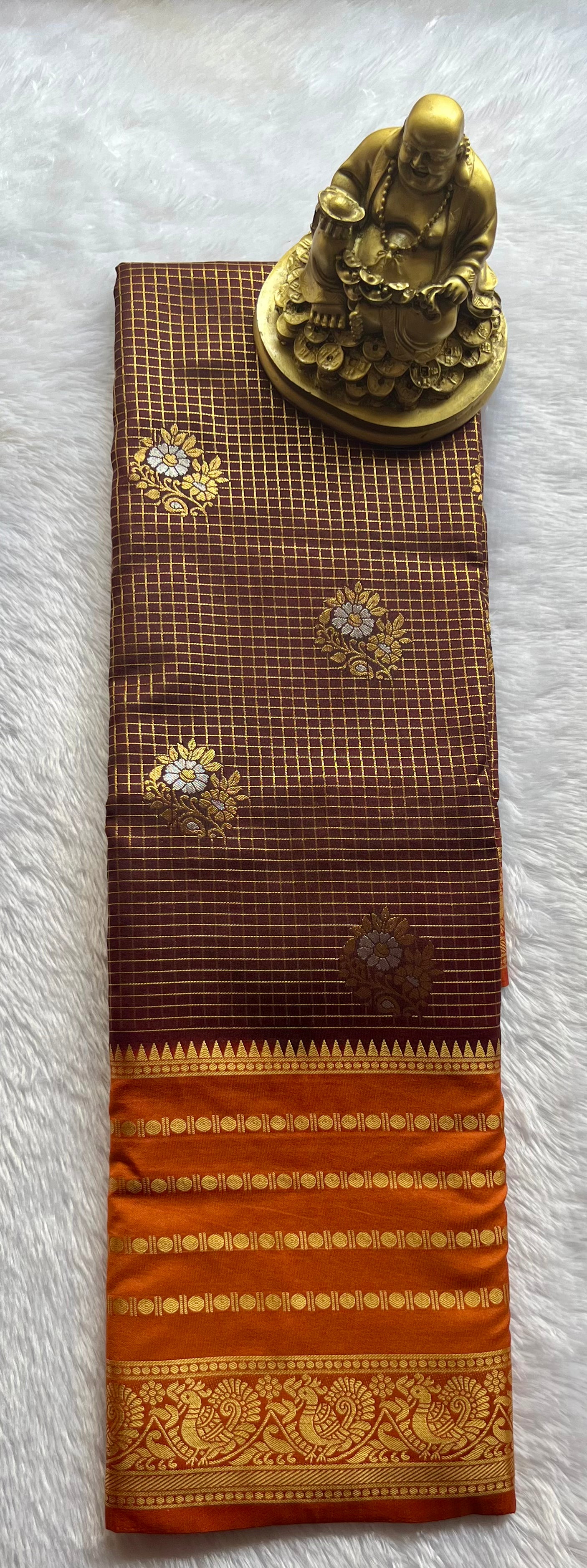 Semi Mysore Silk Small Checks body Rudrakshi Peacock Border
