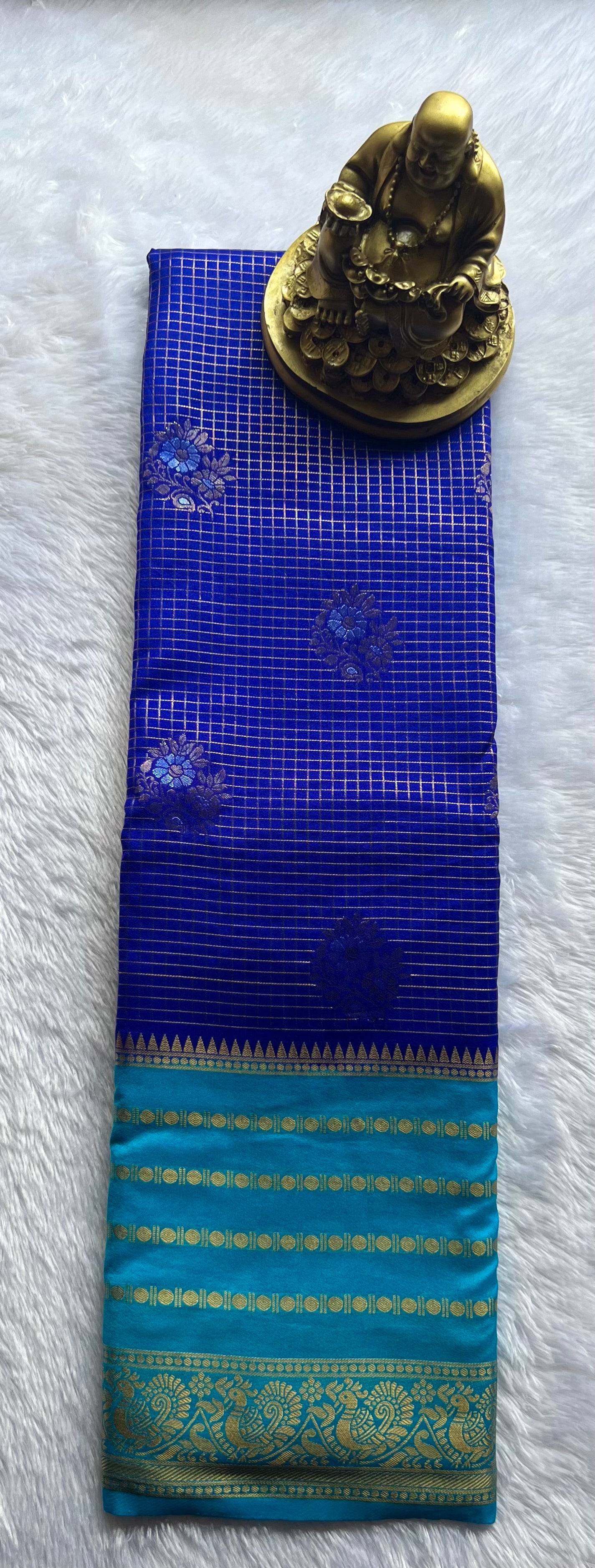Semi Mysore Silk Small Checks body Rudrakshi Peacock Border