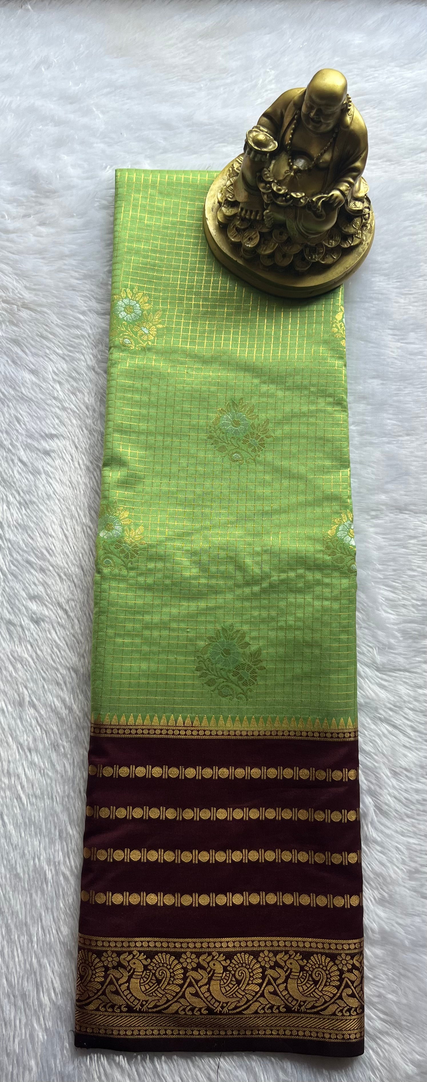 Semi Mysore Silk Small Checks body Rudrakshi Peacock Border