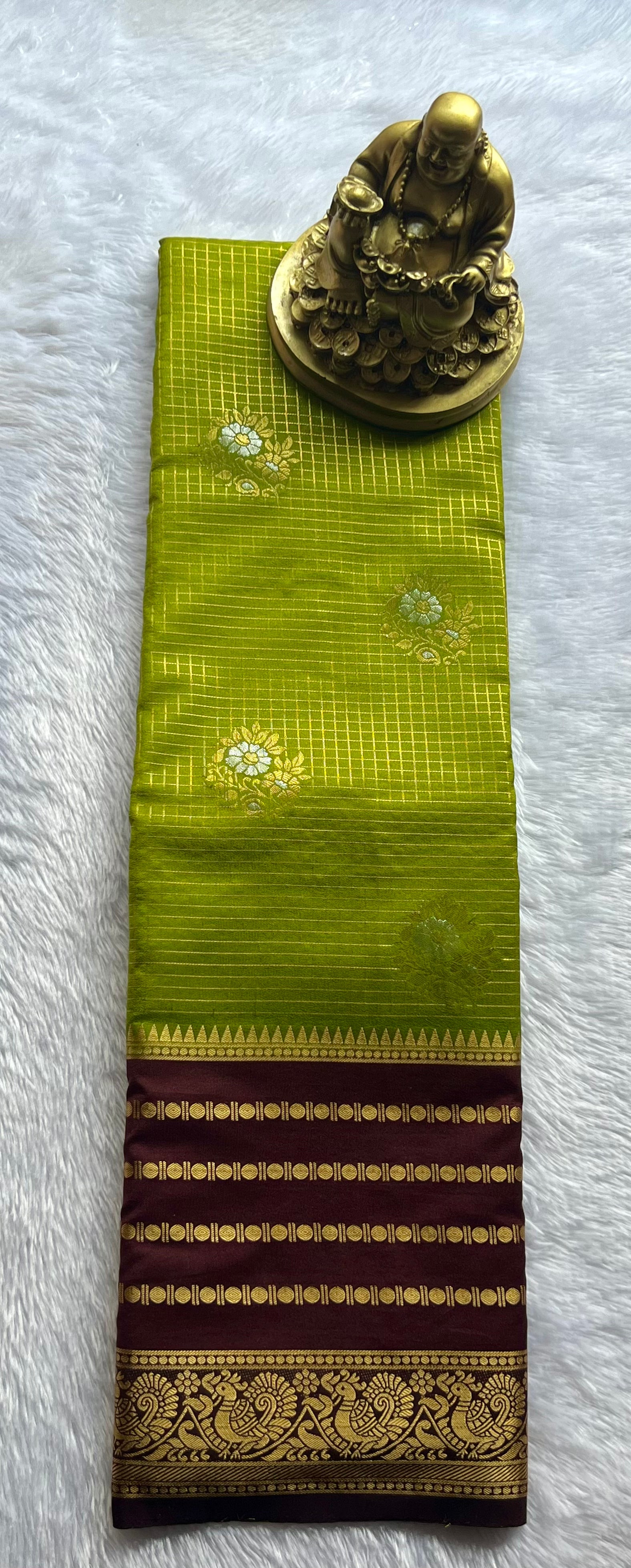Semi Mysore Silk Small Checks body Rudrakshi Peacock Border